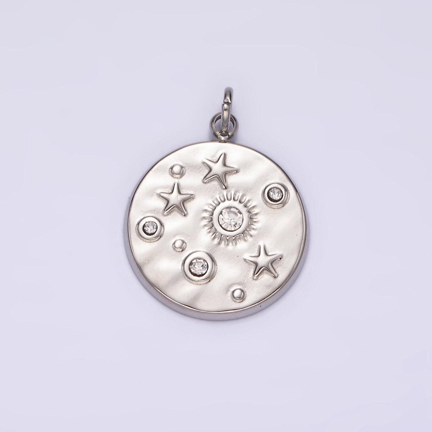 Stainless steel clear, green cz celestial sun star hammered round charm in gold & silver | p675