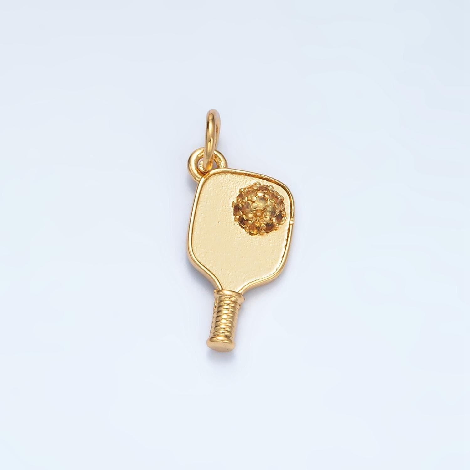 Minimalist pickle ball charm in 24k gold filled pendant sports paddle with cz ball pendant for bracelet necklace supply d620
