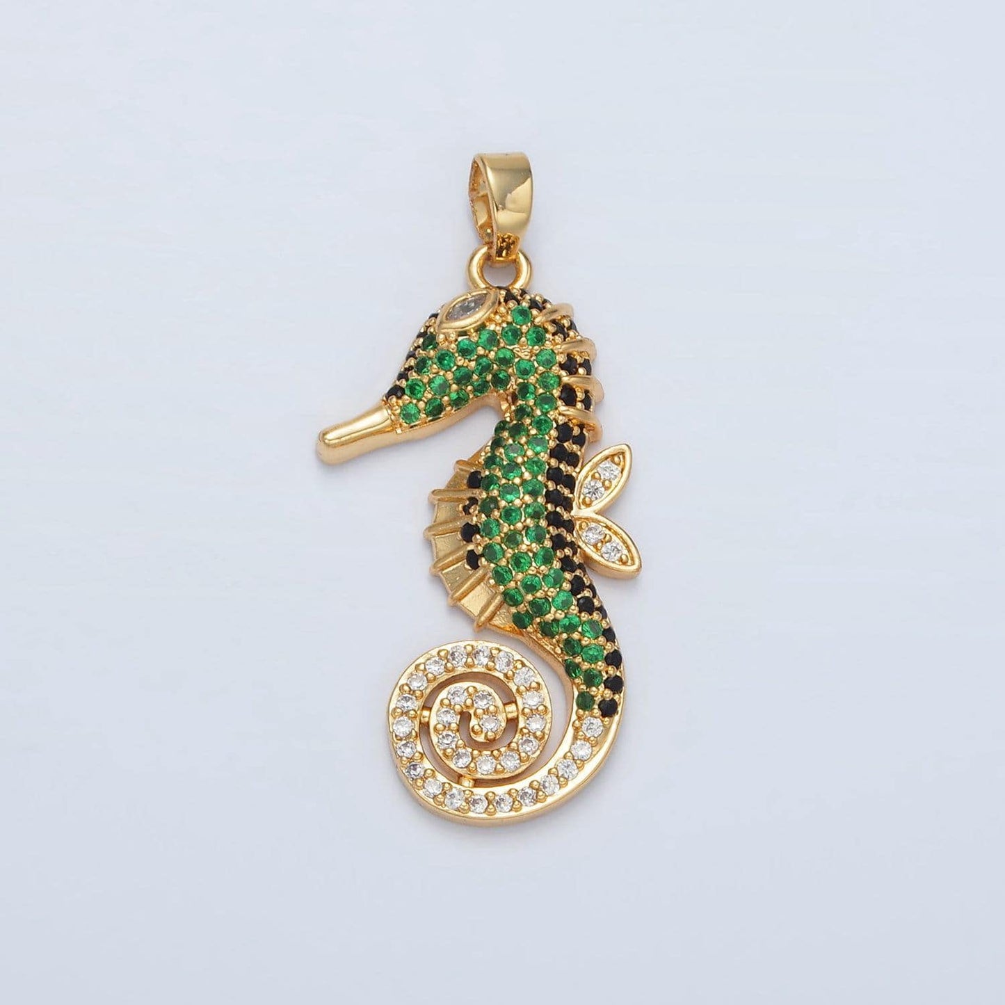 24k gold filled cute sea horse charm dainty seahorse green micro pave cz connector, animal pendant under the sea jewelry inspired | i-288
