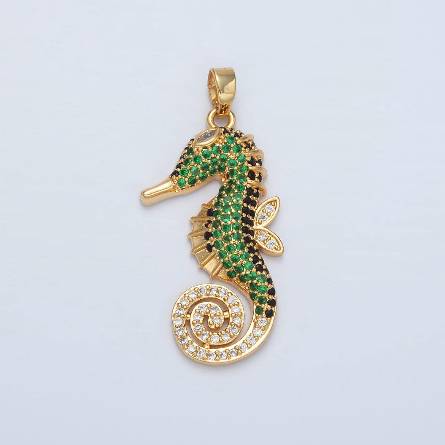 24k gold filled cute sea horse charm dainty seahorse green micro pave cz connector, animal pendant under the sea jewelry inspired | i-288