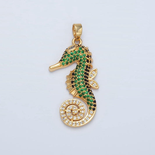 24k gold filled cute sea horse charm dainty seahorse green micro pave cz connector, animal pendant under the sea jewelry inspired | i-288