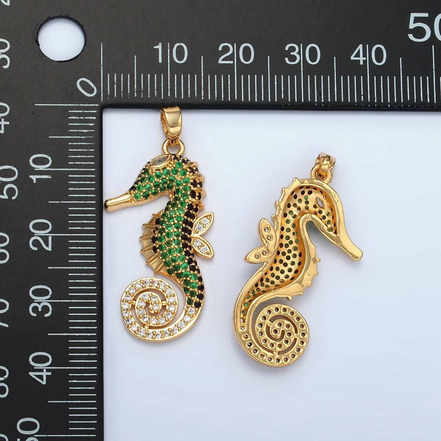24k gold filled cute sea horse charm dainty seahorse green micro pave cz connector, animal pendant under the sea jewelry inspired | i-288