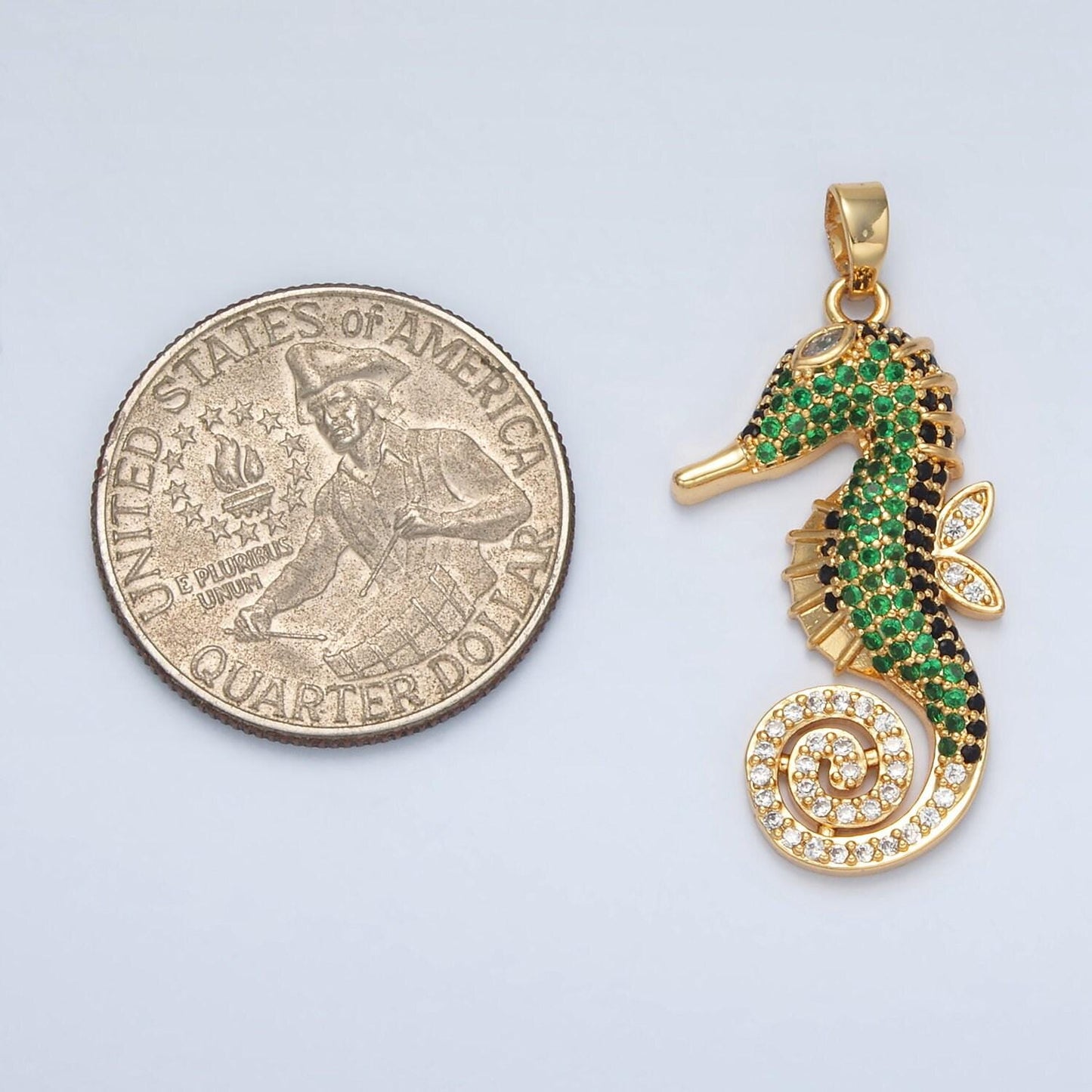 24k gold filled cute sea horse charm dainty seahorse green micro pave cz connector, animal pendant under the sea jewelry inspired | i-288