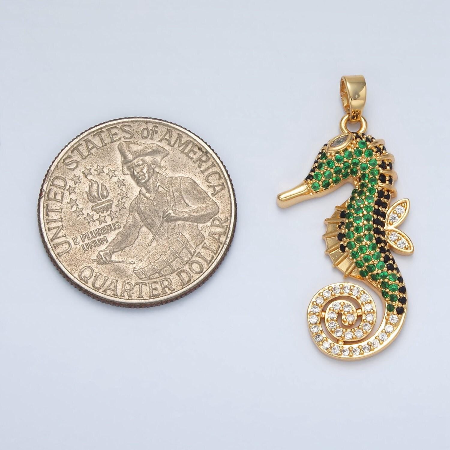 24k gold filled cute sea horse charm dainty seahorse green micro pave cz connector, animal pendant under the sea jewelry inspired | i-288