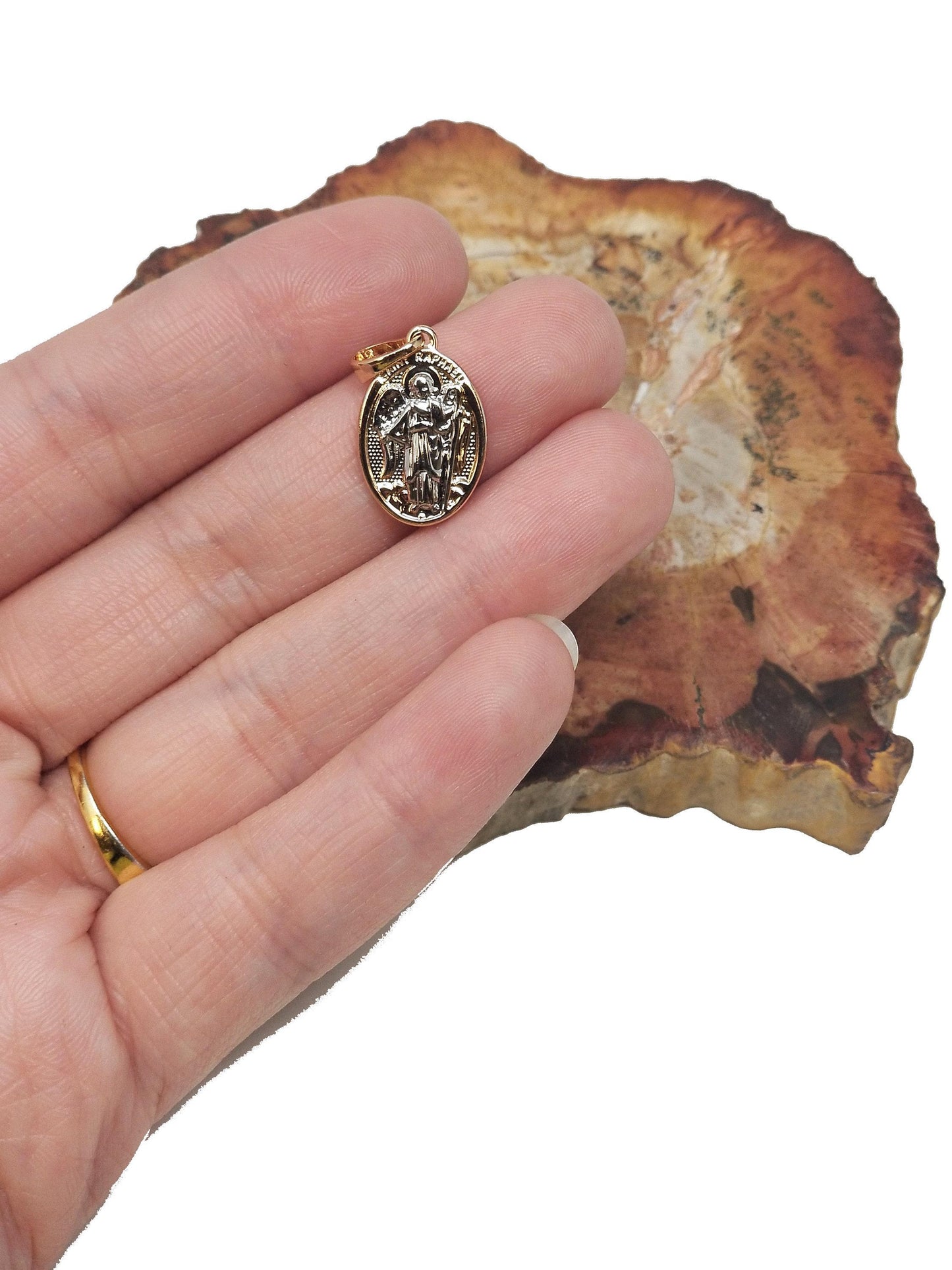 Dainty 18k gold filed double sided charm saint raphael the archangel medal san raffaele pendant rosary parts i-078
