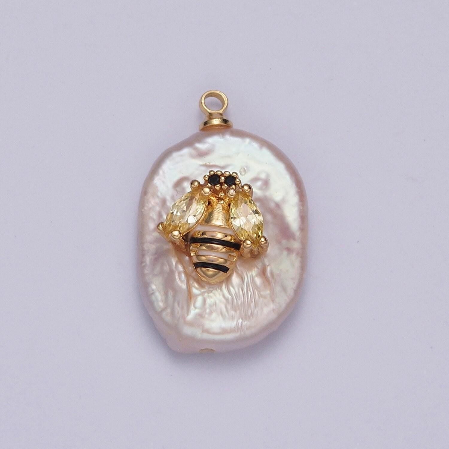 1pc white pearl bee pendant, enamel stripes, micro pave cz bee wings, artificial white pearl honeybee queen bee pendant | x-155