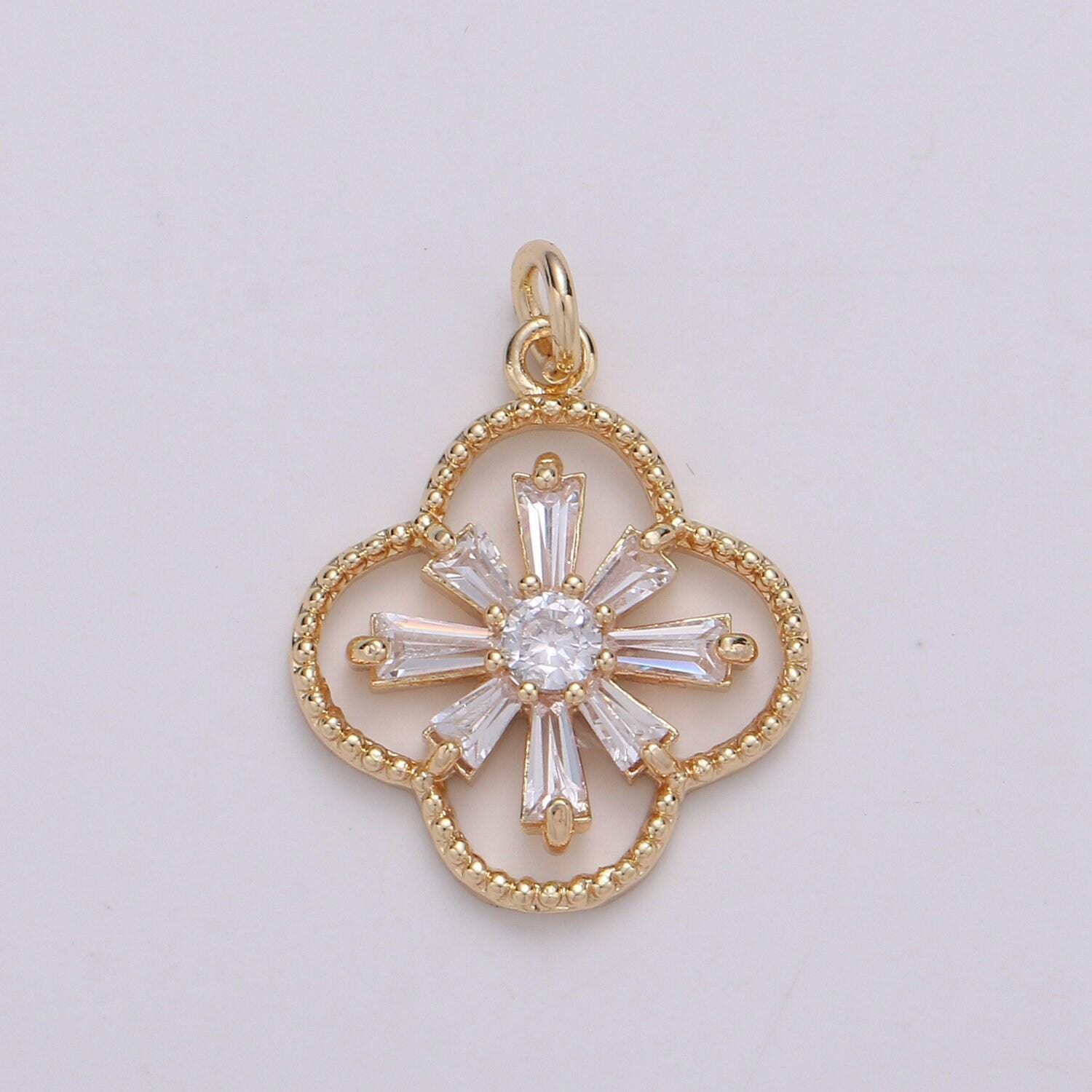 Baguette cz jasmine 24k gold , daisy cluster cubic charm, dainty flower pendant dainty vane charm compass bracelet earring necklace
