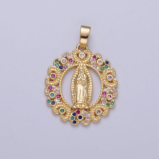 Virgin mary round circular pendant in clear or multi color cz 24k gold filled | diy fashion charm necklace bracelet earring | x-320. x-321