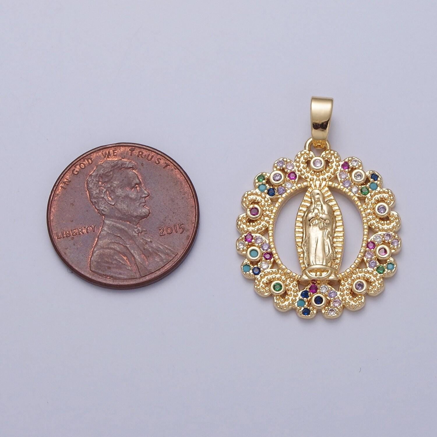 Virgin mary round circular pendant in clear or multi color cz 24k gold filled | diy fashion charm necklace bracelet earring | x-320. x-321