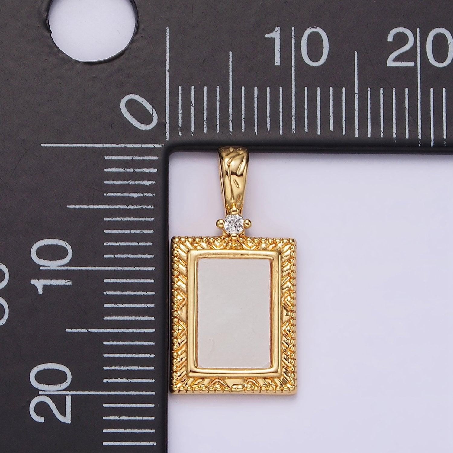 14k gold filled shell pearl line-textured textured rectangular clear cz tag pendant | n1799