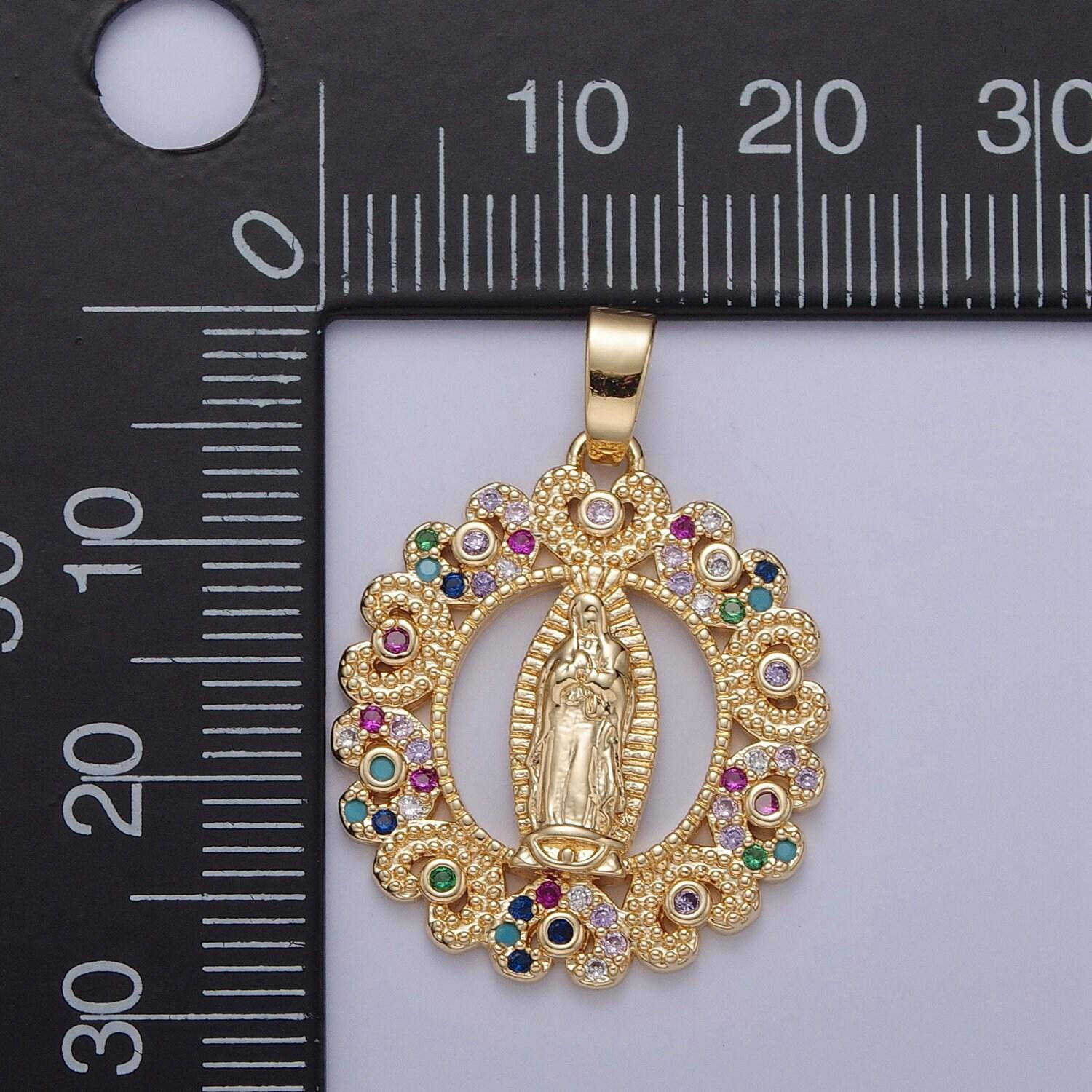 Virgin mary round circular pendant in clear or multi color cz 24k gold filled | diy fashion charm necklace bracelet earring | x-320. x-321