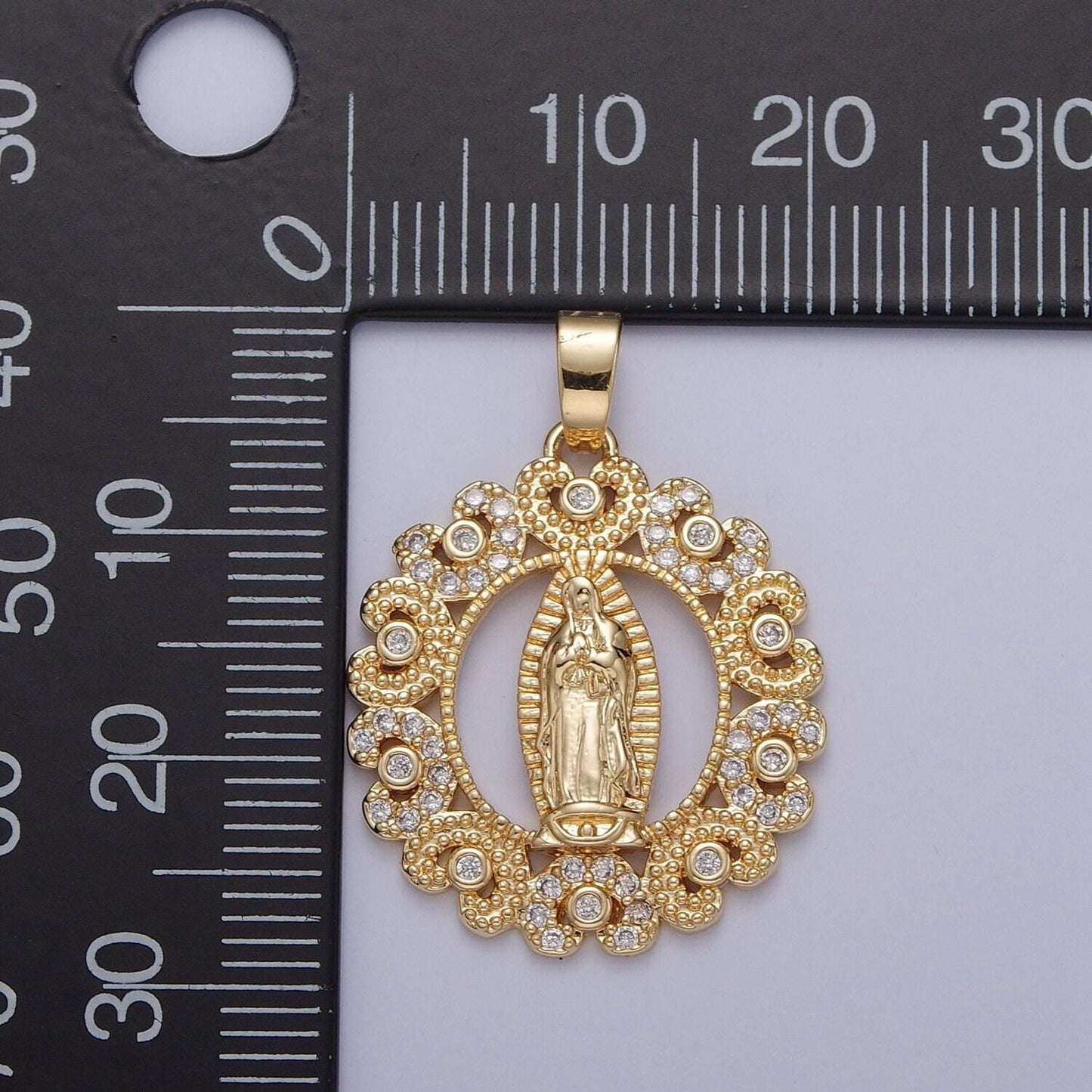 Virgin mary round circular pendant in clear or multi color cz 24k gold filled | diy fashion charm necklace bracelet earring | x-320. x-321