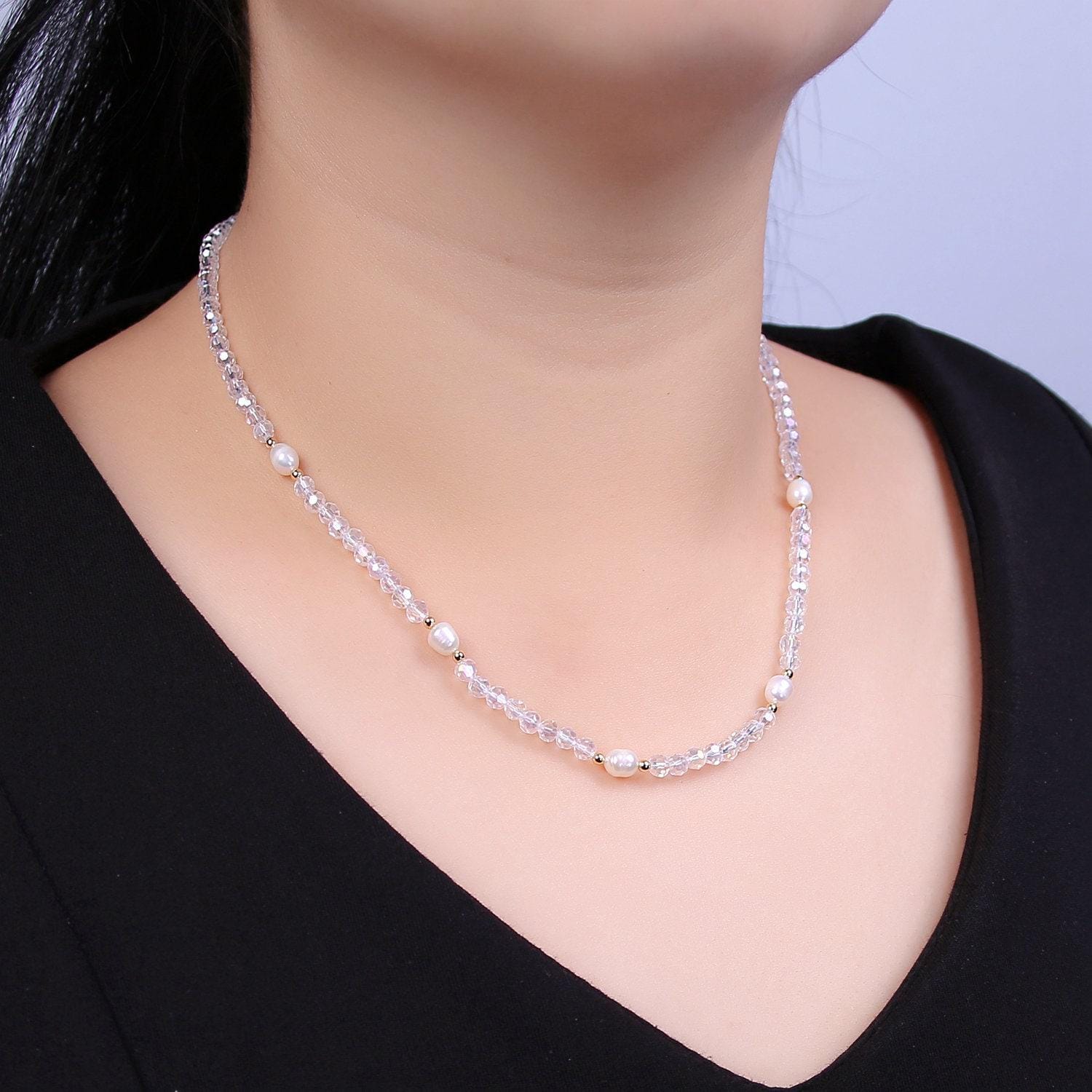 Pearl with clear glass beaded necklace, clear faceted rondell beads necklace | wa-610