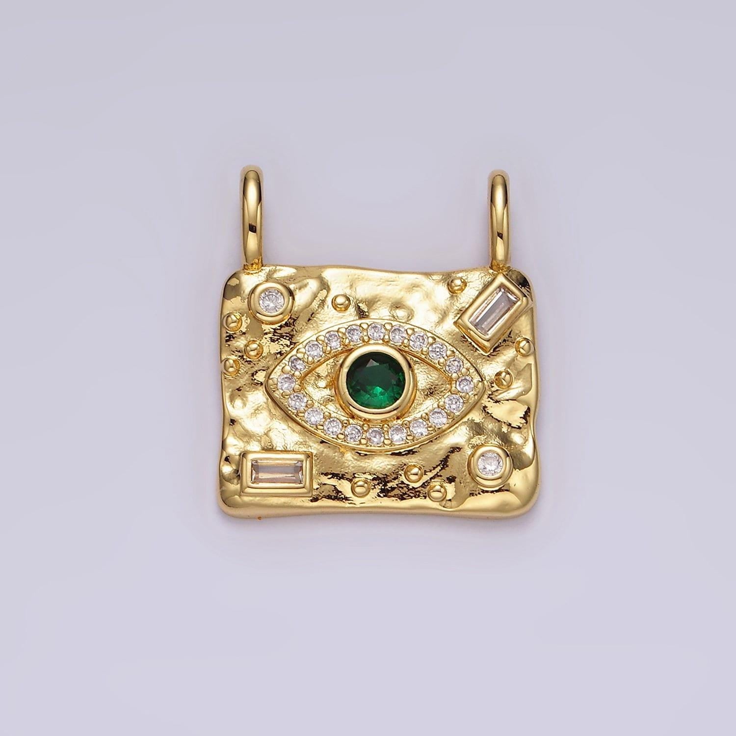14k gold filled green cz evil eye micro paved baguette hammered rectangular connector | g180