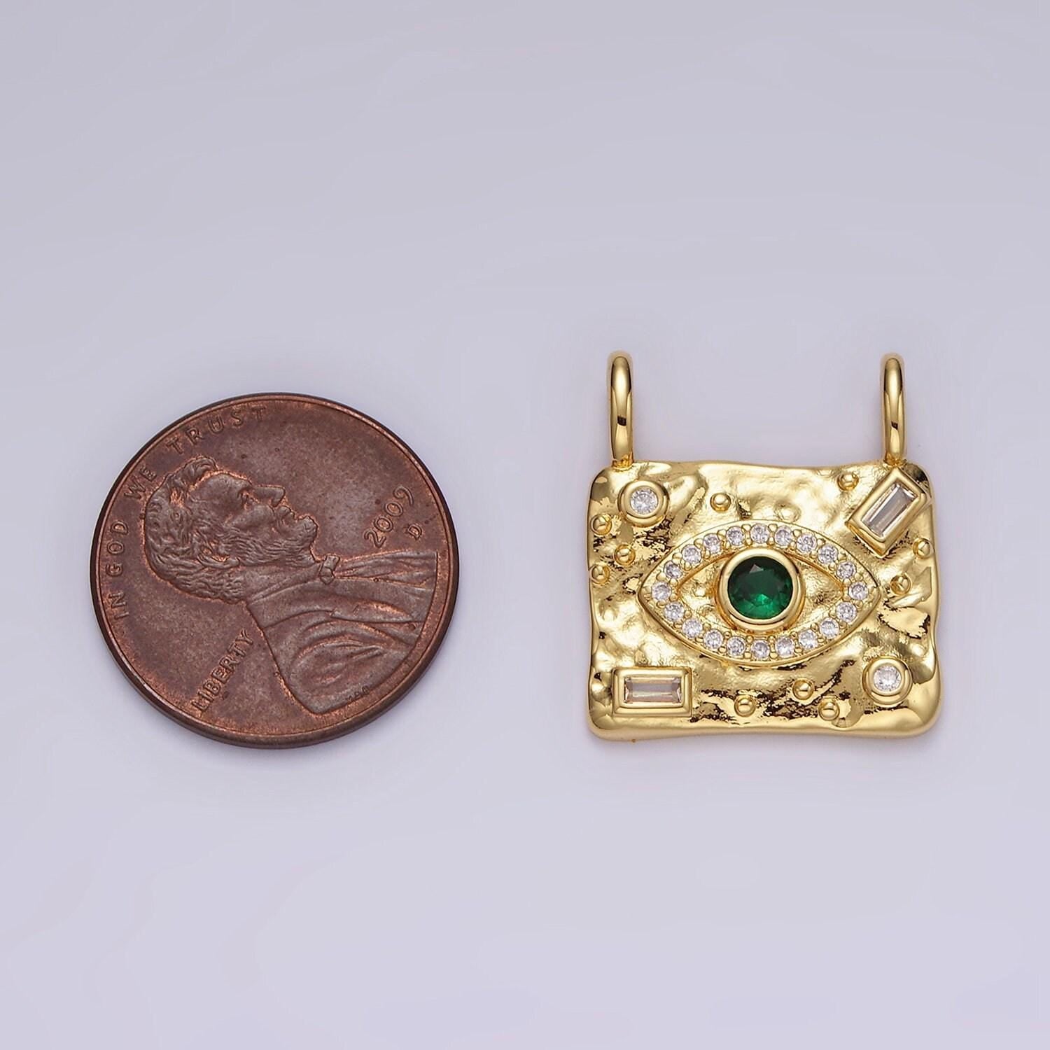 14k gold filled green cz evil eye micro paved baguette hammered rectangular connector | g180