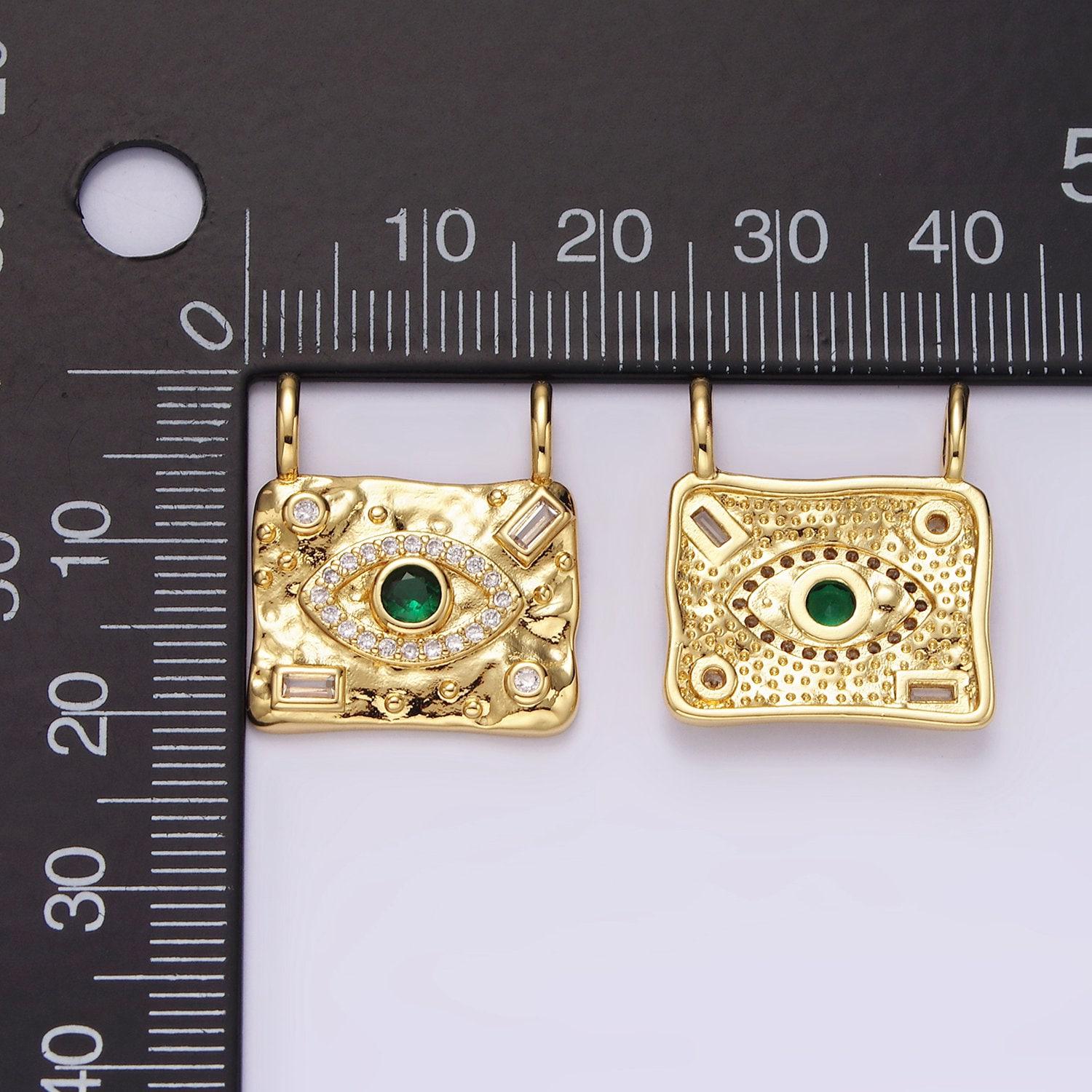 14k gold filled green cz evil eye micro paved baguette hammered rectangular connector | g180