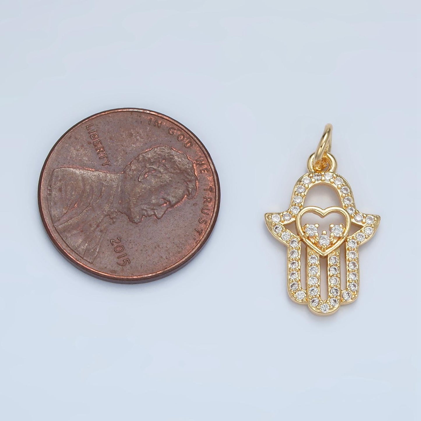 Hamsa hand open heart micro paved cz gold filled charm | e-740