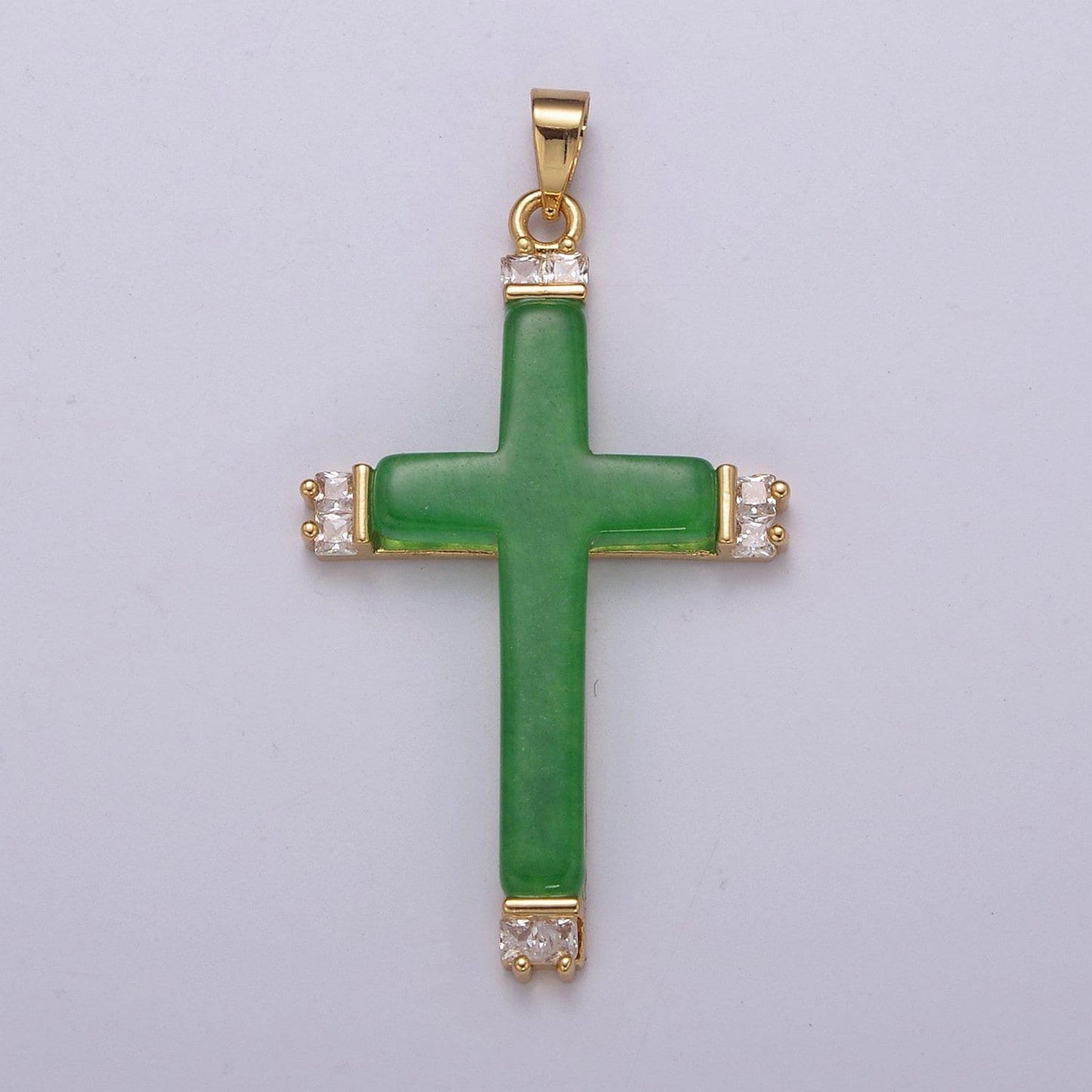 Long green jade cross pendant for necklace 24k gold filled cross ah-345
