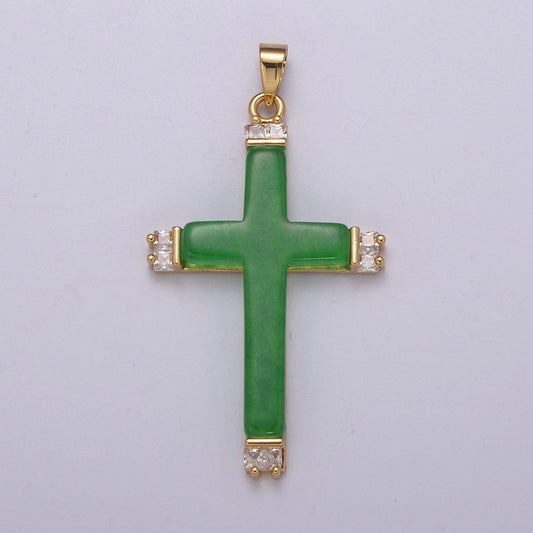 Long green jade cross pendant for necklace 24k gold filled cross ah-345