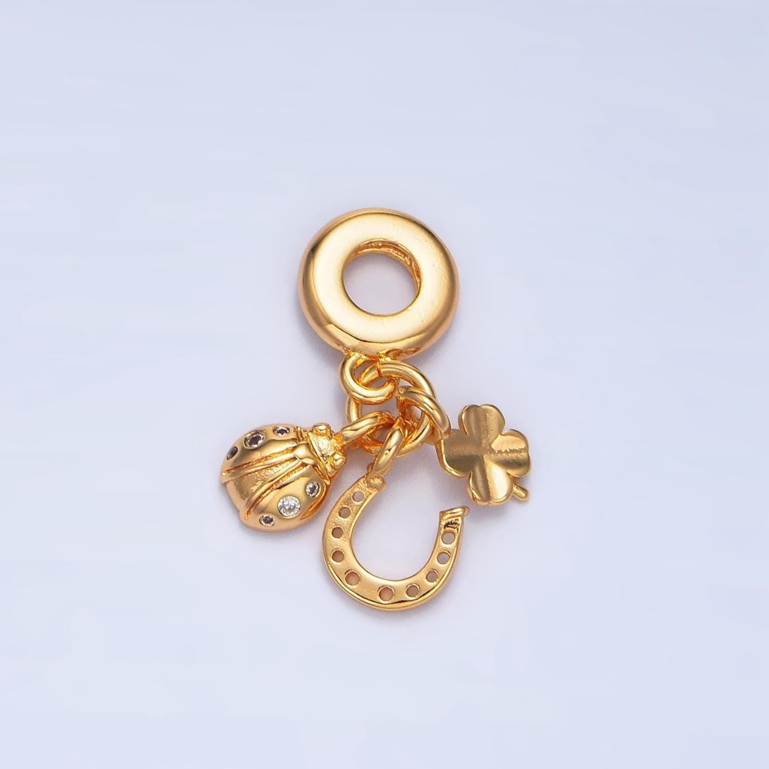 24k gold filled cz clover horseshoe lucky charm theme rondelle bail drop pendant | x743