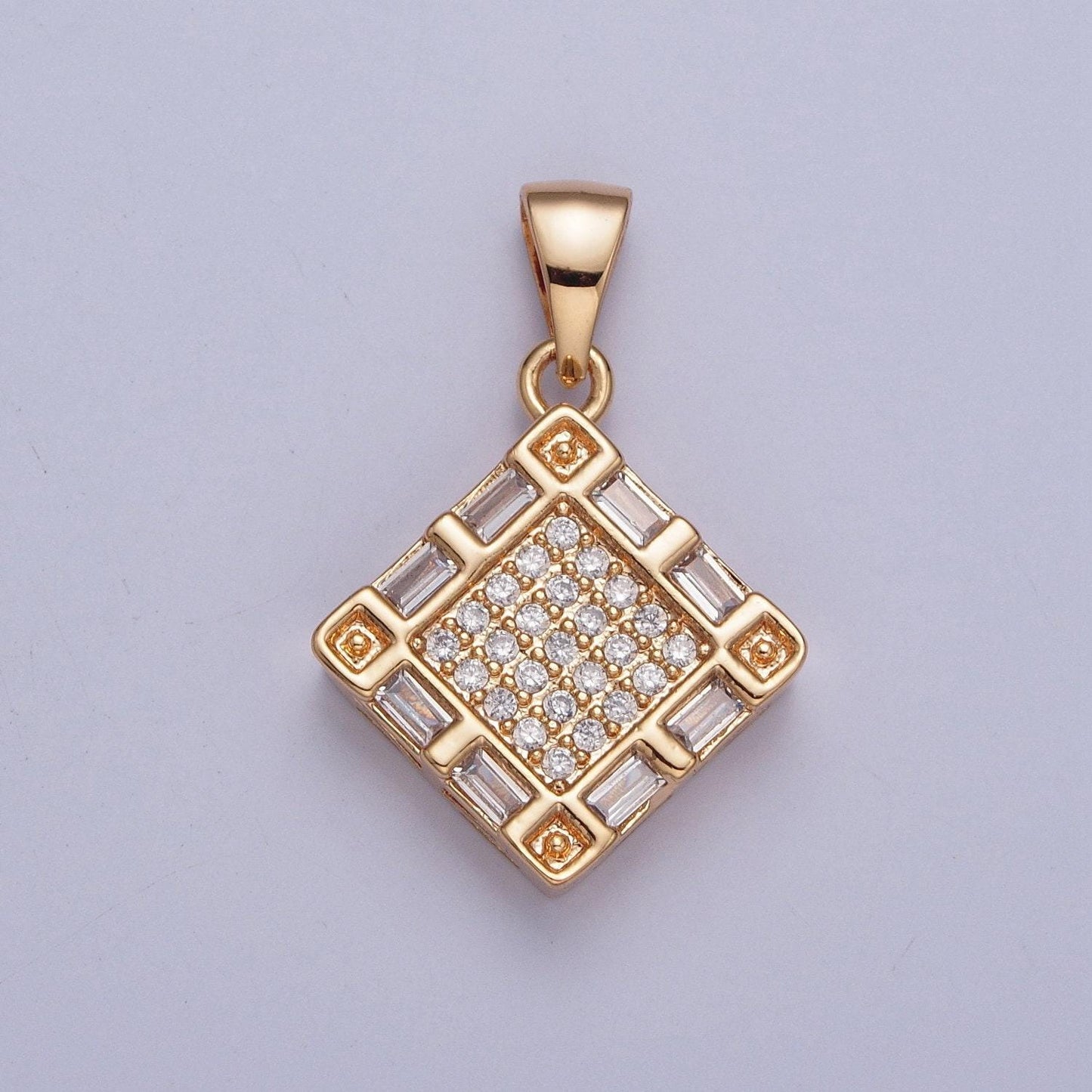 18k gold plated cube micro pave cz baguette stones pendant, dainty micro pave diamond charm for necklace bracelet earring | x-370