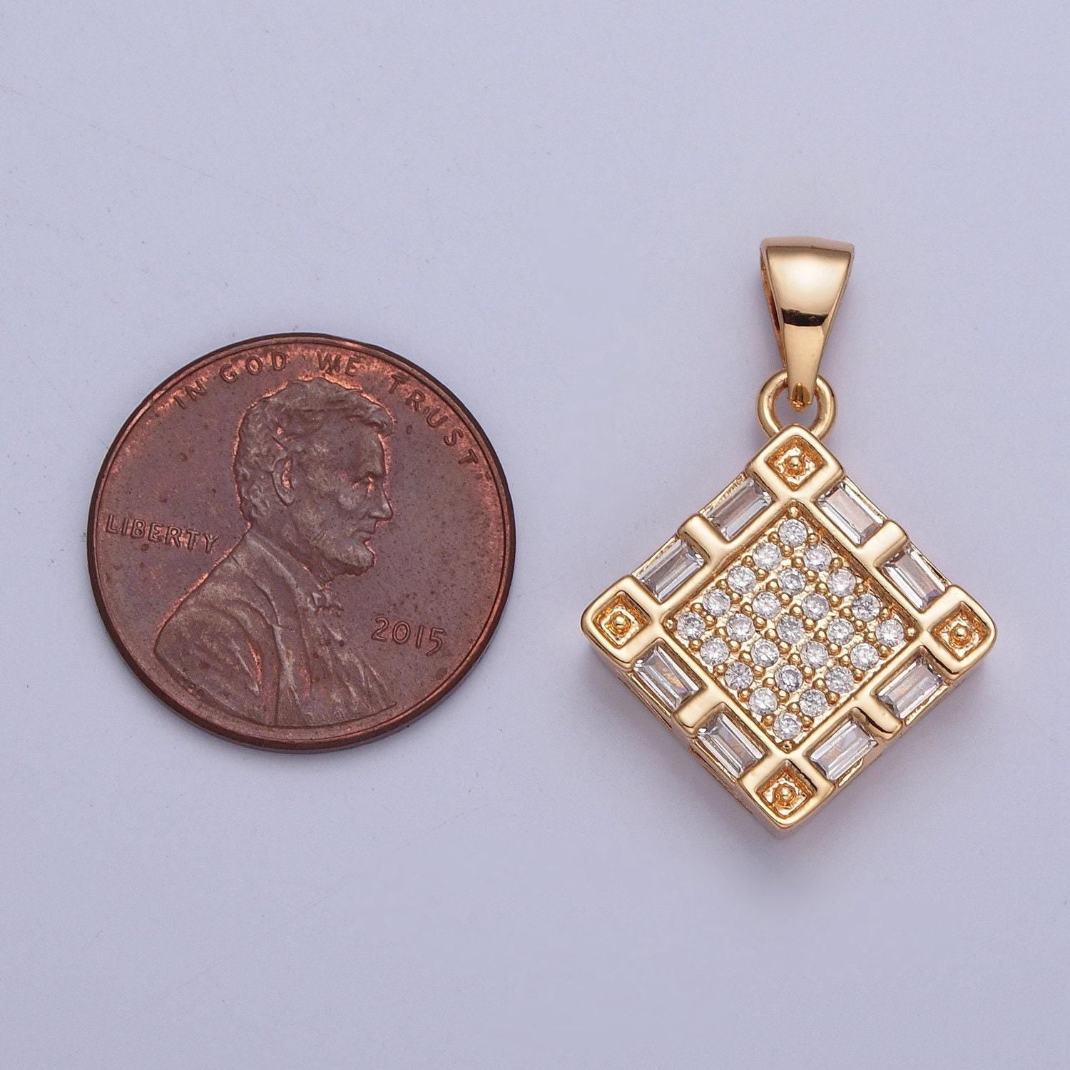 18k gold plated cube micro pave cz baguette stones pendant, dainty micro pave diamond charm for necklace bracelet earring | x-370