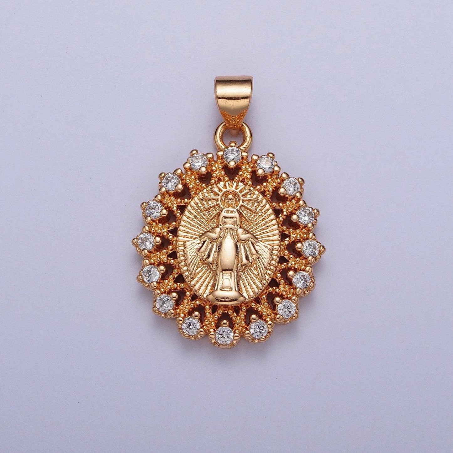 Rosy gold cz virgin mary pendant, 18k gold plated micro paved clear cz sunburst sun rays decorative edge lady of guadalupe charm | h-379