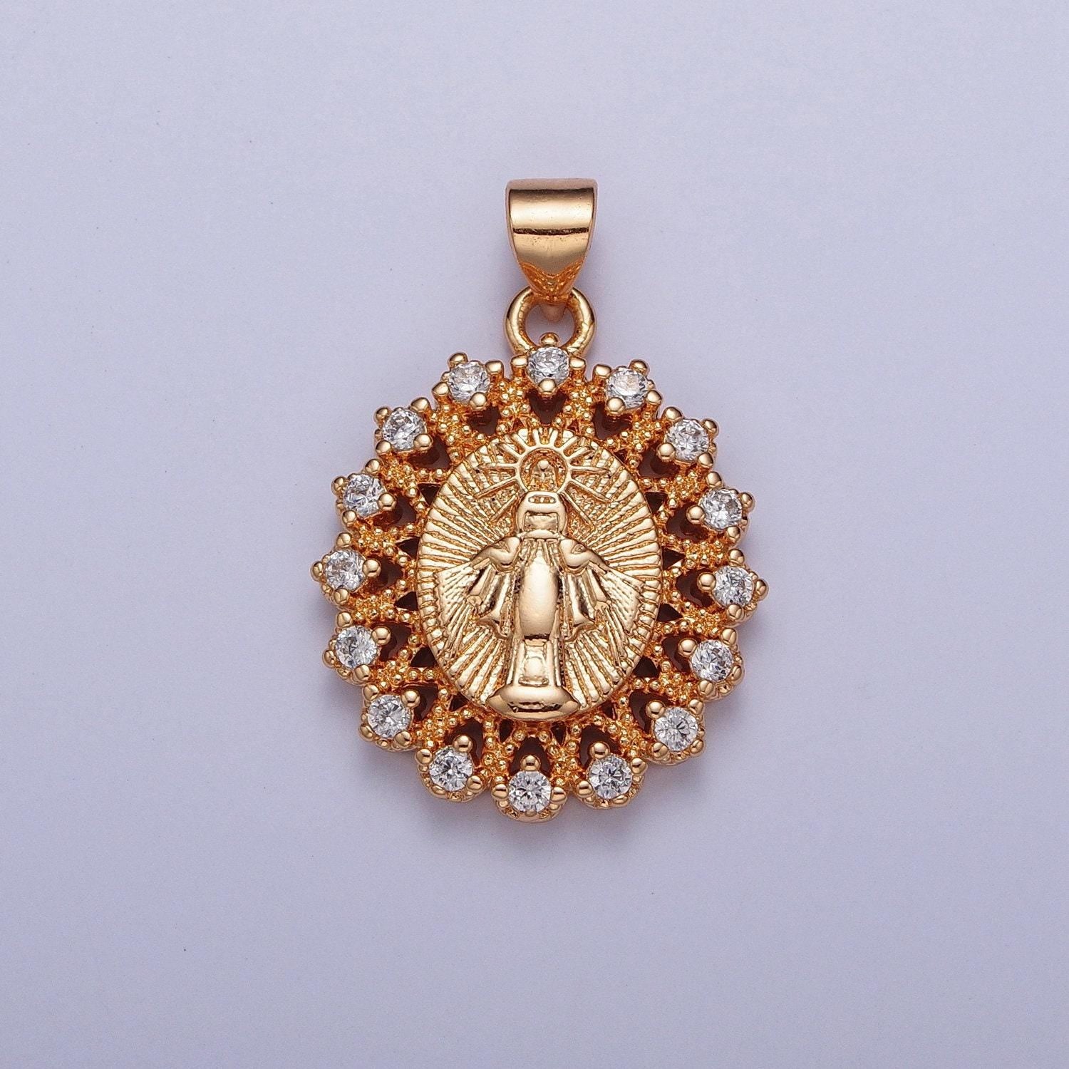 Rosy gold cz virgin mary pendant, 18k gold plated micro paved clear cz sunburst sun rays decorative edge lady of guadalupe charm | h-379