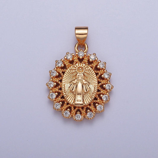 Rosy gold cz virgin mary pendant, 18k gold plated micro paved clear cz sunburst sun rays decorative edge lady of guadalupe charm | h-379