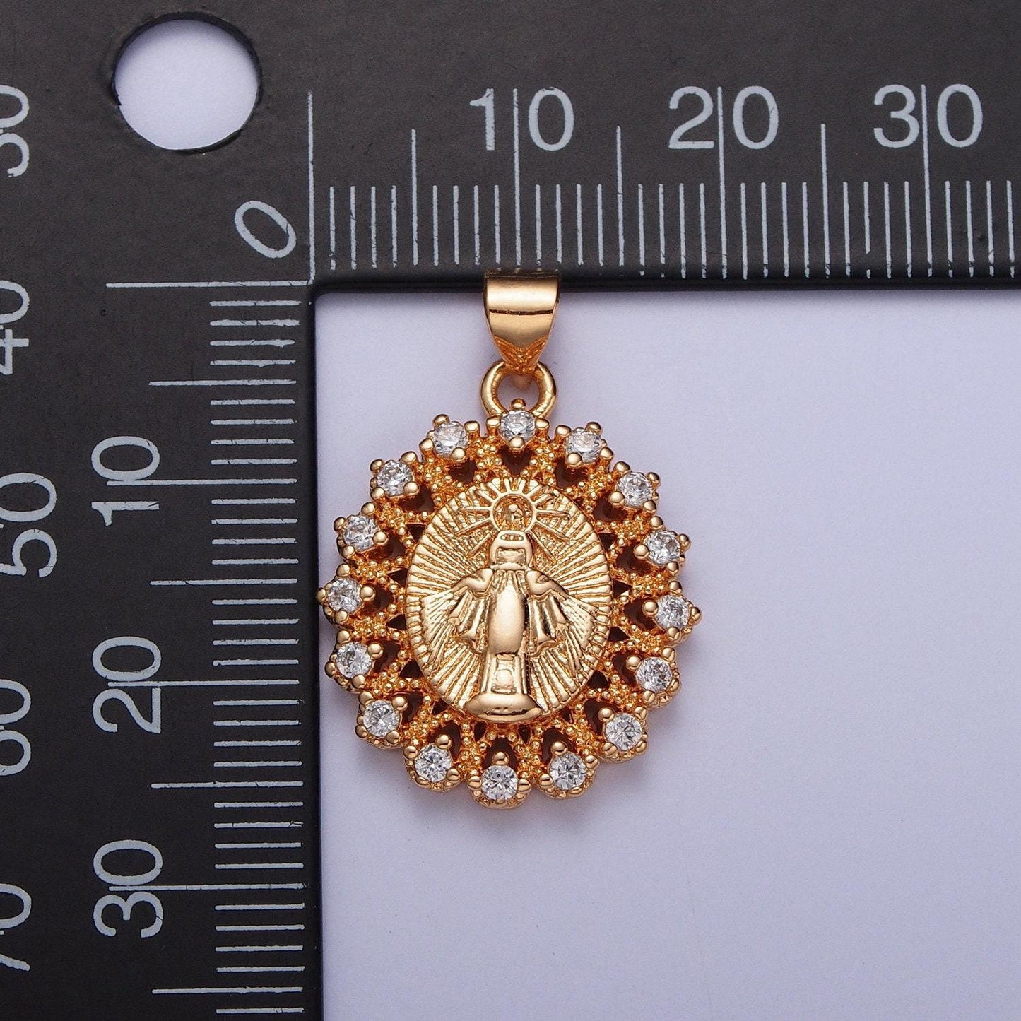 Rosy gold cz virgin mary pendant, 18k gold plated micro paved clear cz sunburst sun rays decorative edge lady of guadalupe charm | h-379