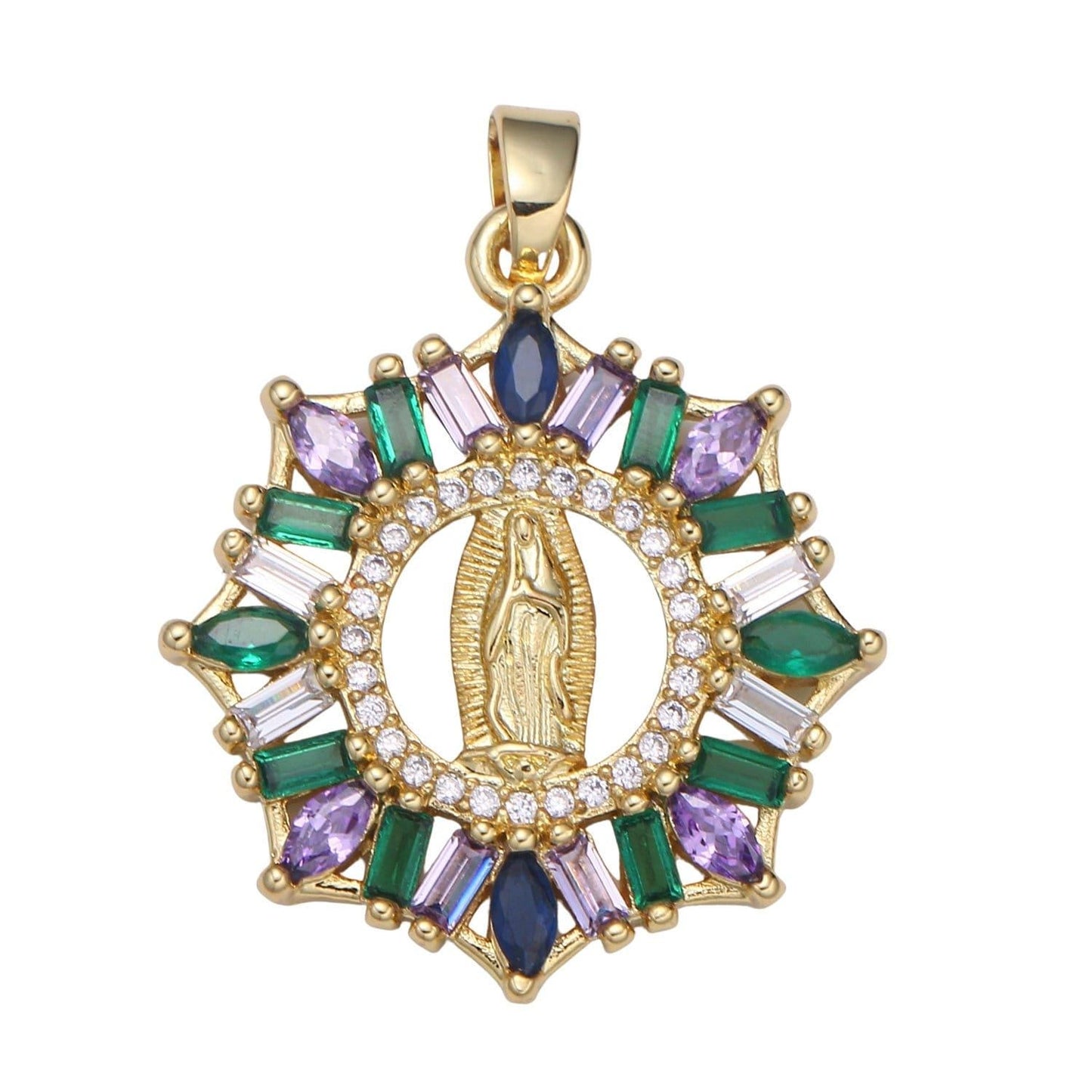 Cz paved gold virgin mother mary pandents, catholic baptism lady guadalupe pendant purple green cubic medallion religious jewelry craft j262
