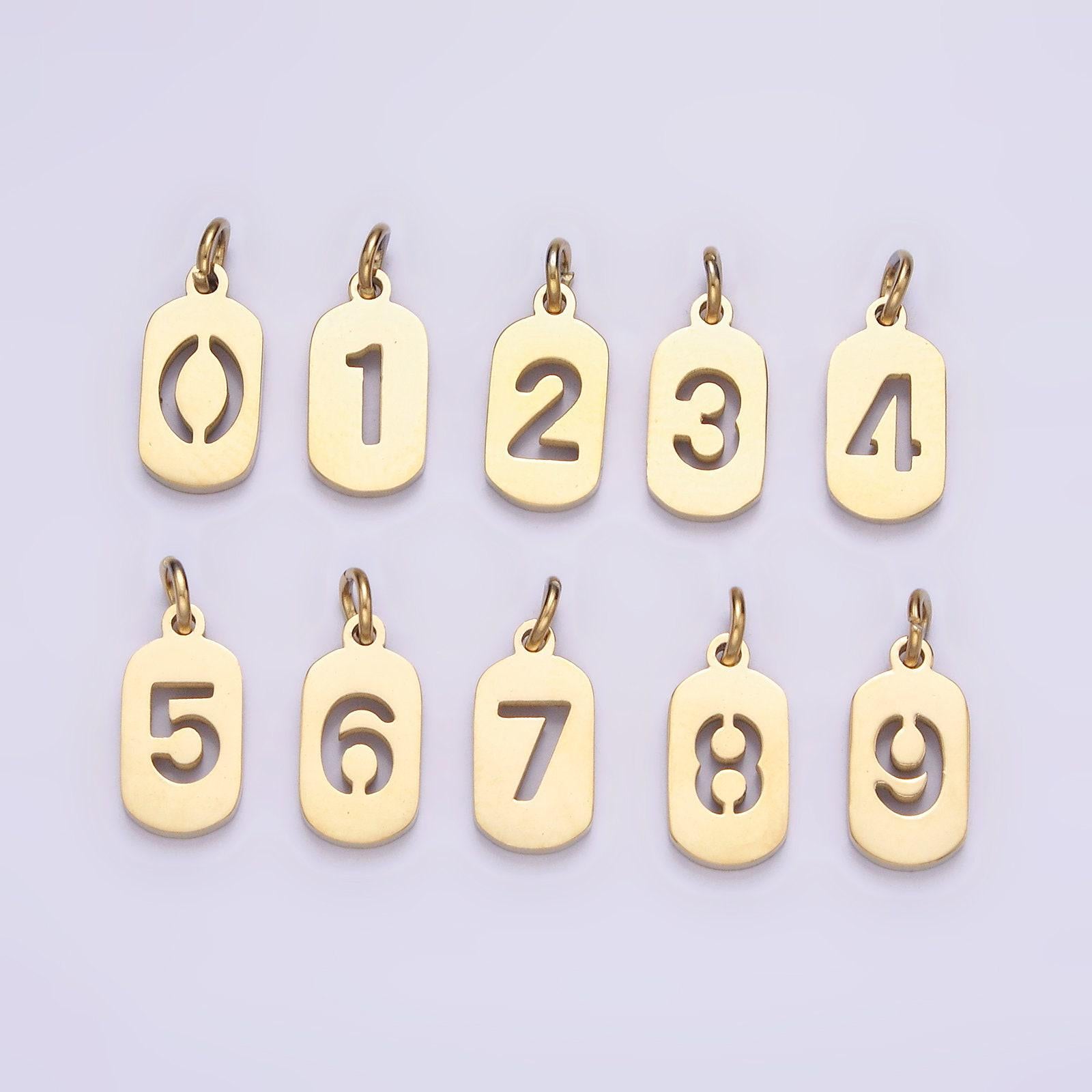 Laser cut gold stainless steel number 0-9 open script mini military tag add-on charm for necklace bracelet lucky number | p591 - p601