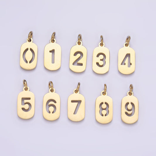 Laser cut gold stainless steel number 0-9 open script mini military tag add-on charm for necklace bracelet lucky number | p591 - p601