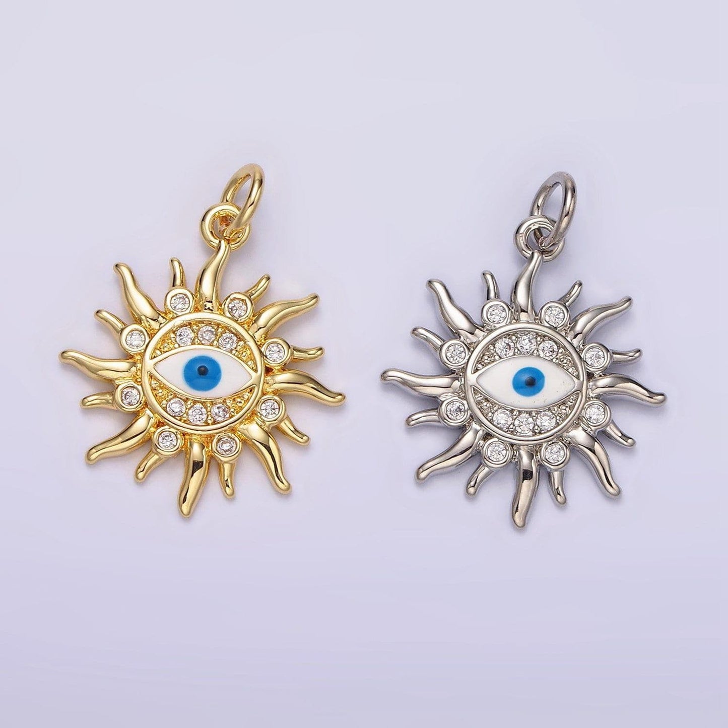 14k gold filled blue evil eye enamel celestial sun crescent moon charm in gold & silver | n1169 n1170