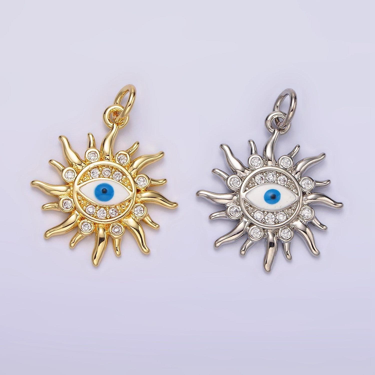 14k gold filled blue evil eye enamel celestial sun crescent moon charm in gold & silver | n1169 n1170
