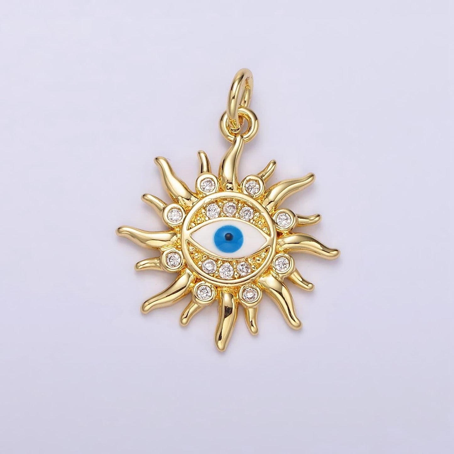 14k gold filled blue evil eye enamel celestial sun crescent moon charm in gold & silver | n1169 n1170