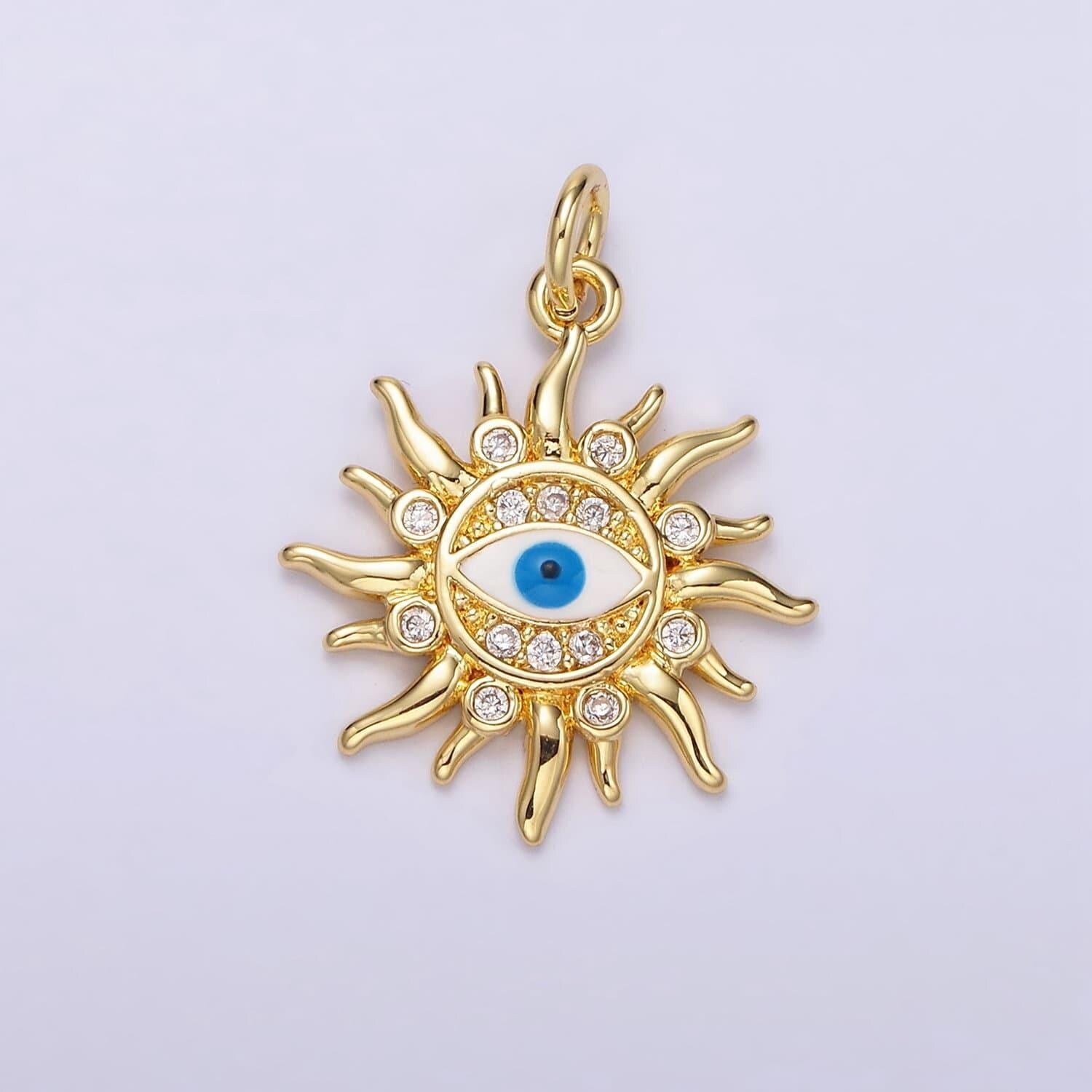 14k gold filled blue evil eye enamel celestial sun crescent moon charm in gold & silver | n1169 n1170
