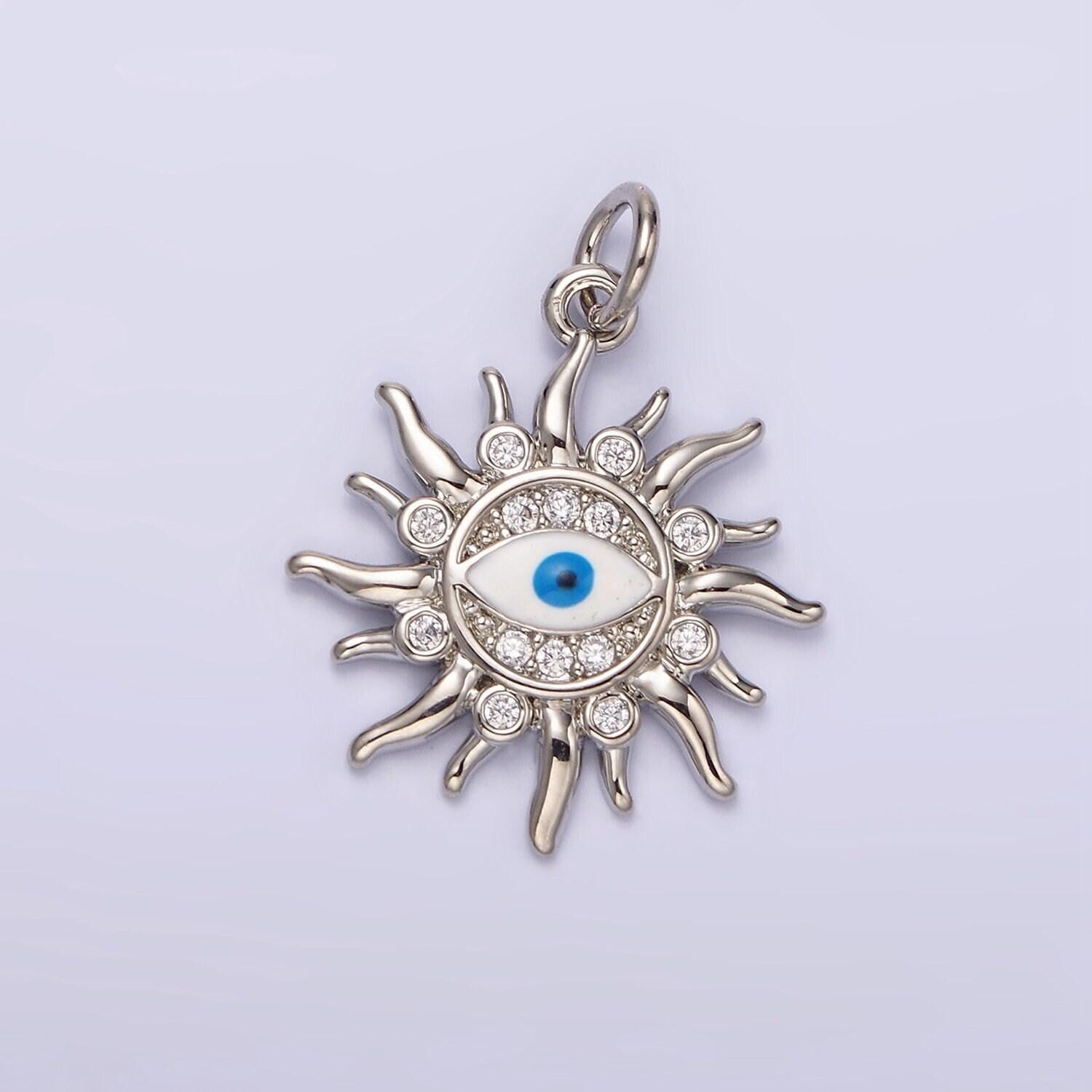 14k gold filled blue evil eye enamel celestial sun crescent moon charm in gold & silver | n1169 n1170
