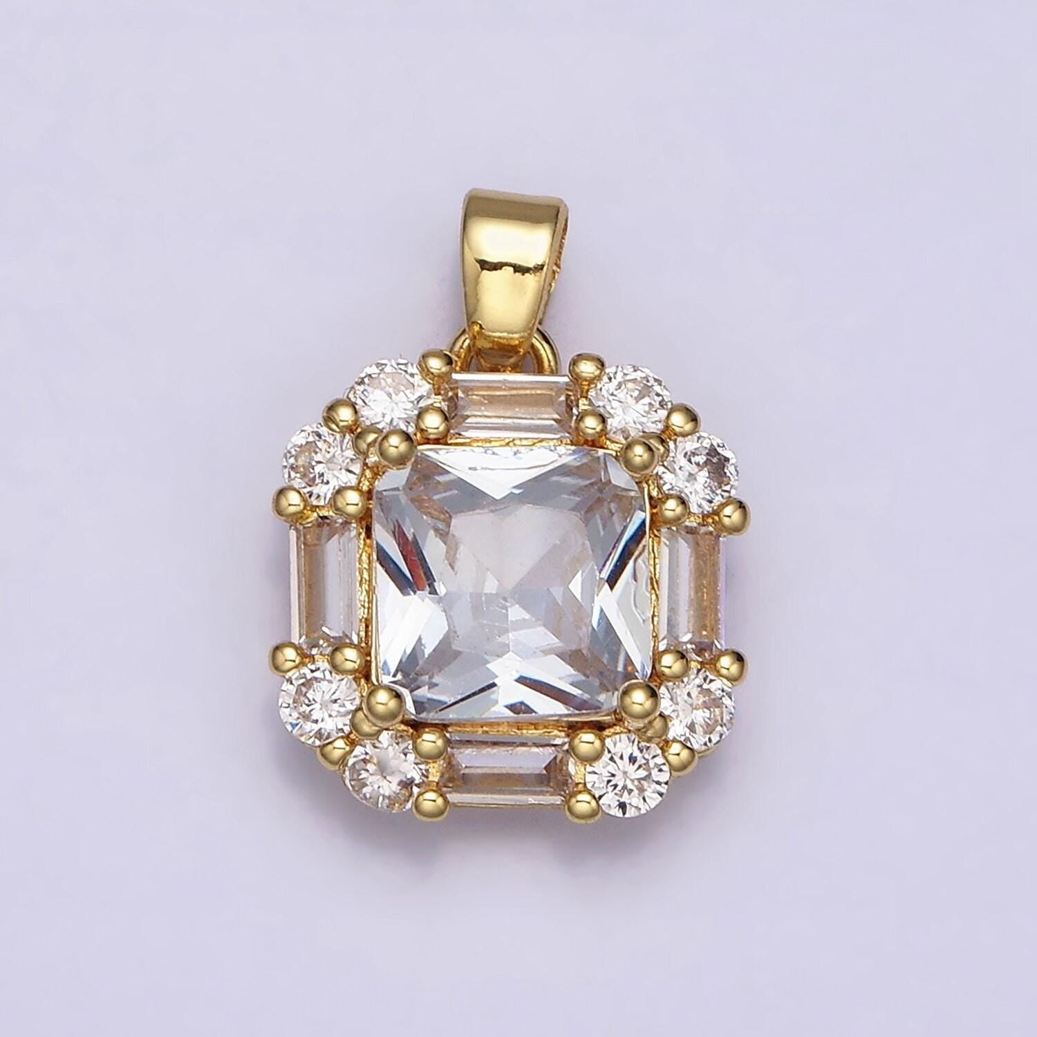 16k gold filled clear, green, purple cz square emerald cut pendant in gold & silver | aa487 - aa492
