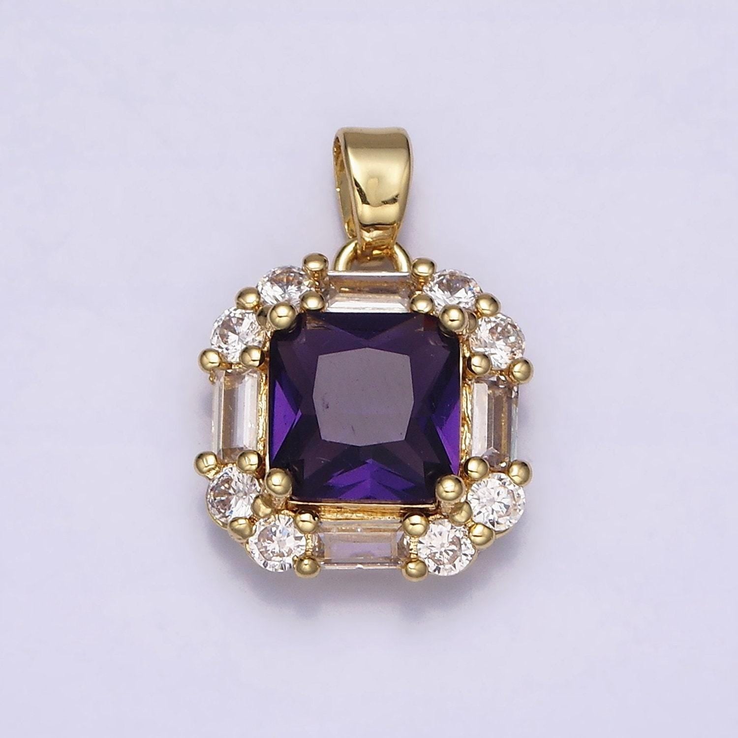 16k gold filled clear, green, purple cz square emerald cut pendant in gold & silver | aa487 - aa492