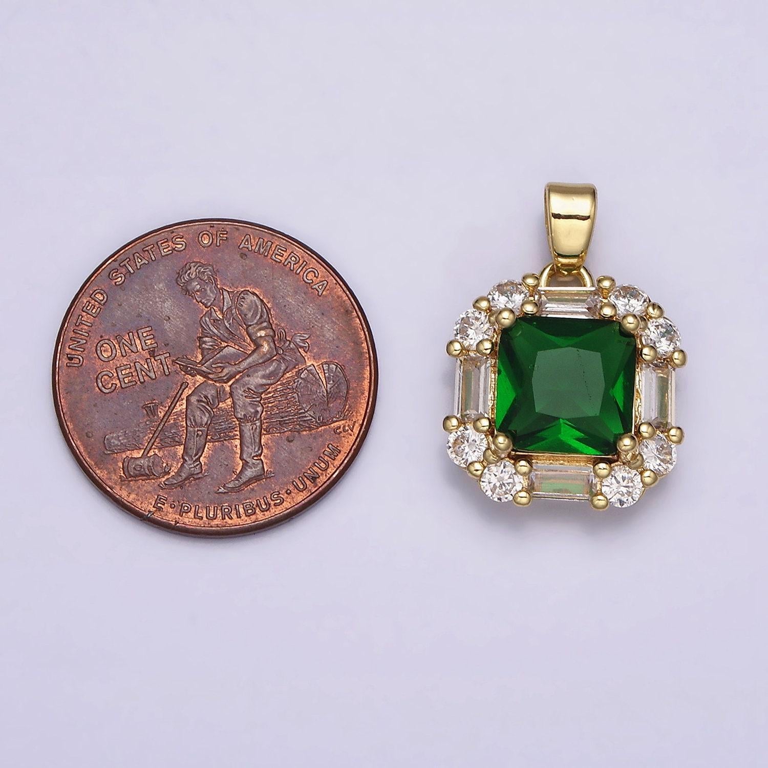 16k gold filled clear, green, purple cz square emerald cut pendant in gold & silver | aa487 - aa492