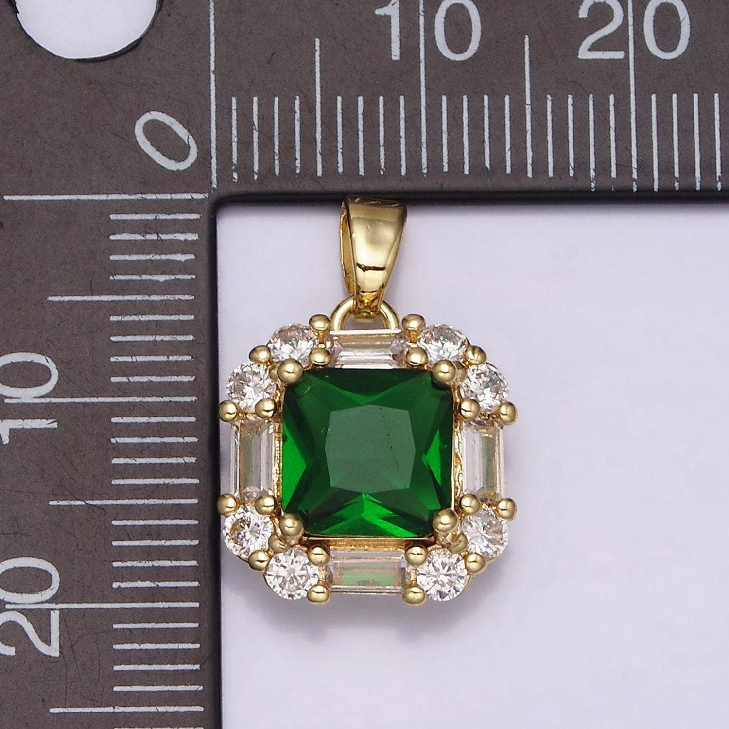 16k gold filled clear, green, purple cz square emerald cut pendant in gold & silver | aa487 - aa492
