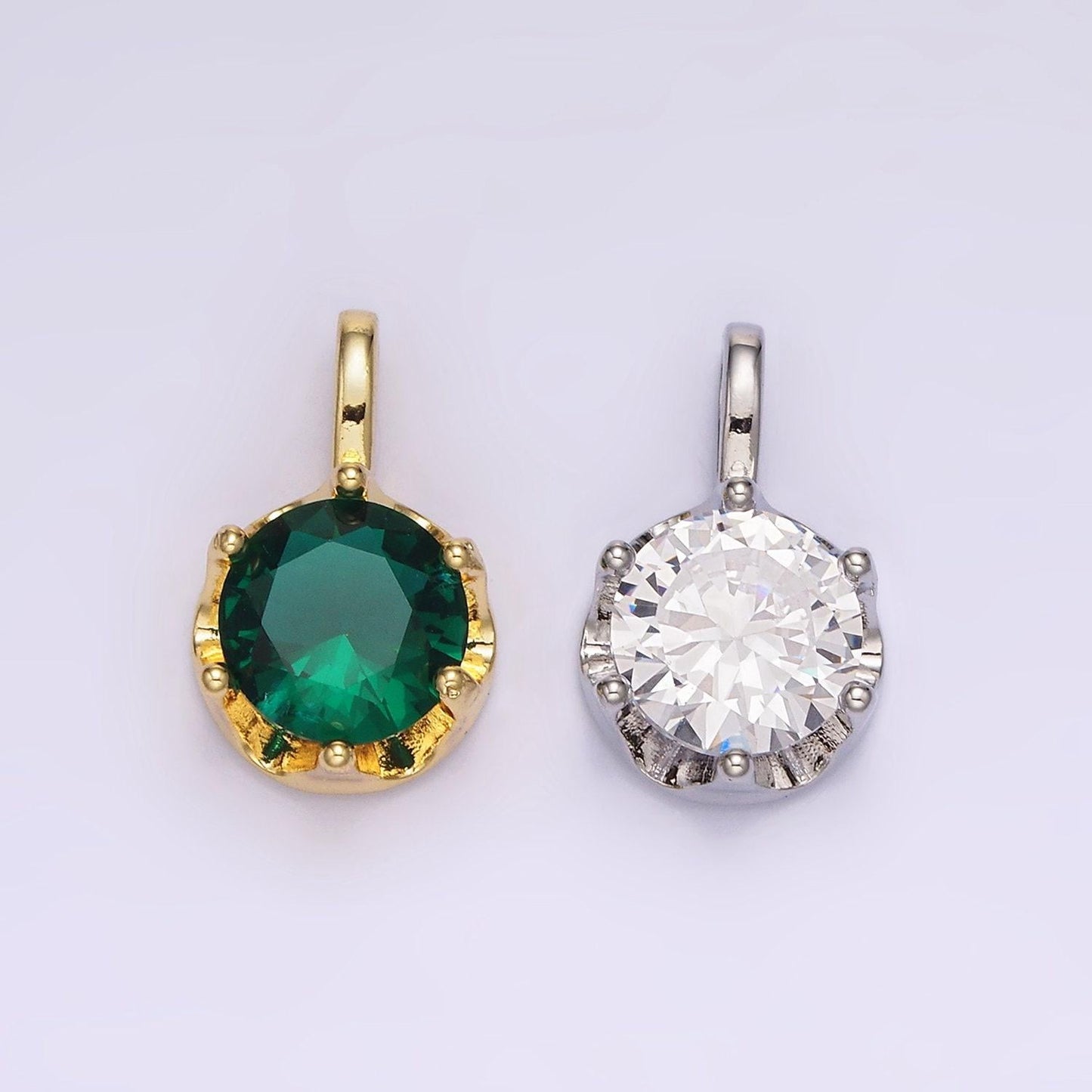 16k gold filled clear, emerald green cz solitaire round charm pendant | n1843 n1844