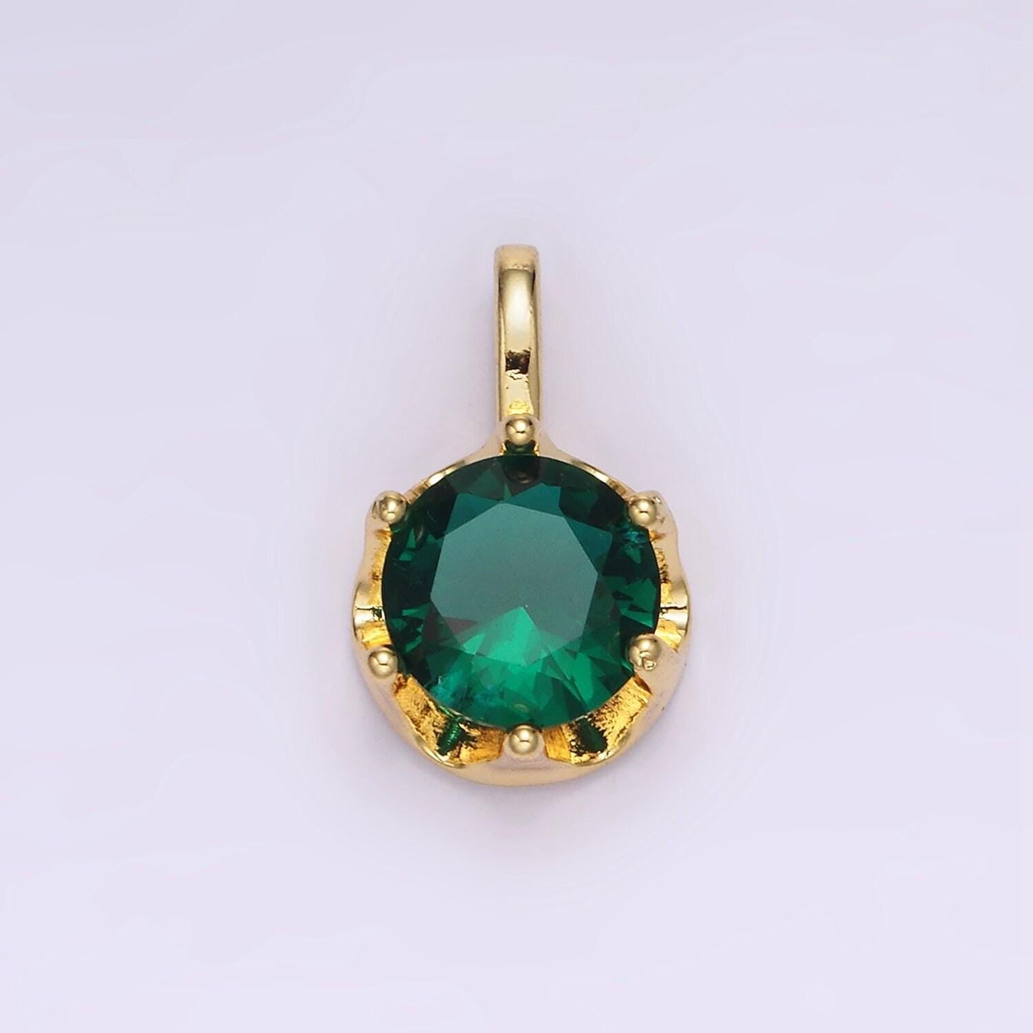 16k gold filled clear, emerald green cz solitaire round charm pendant | n1843 n1844