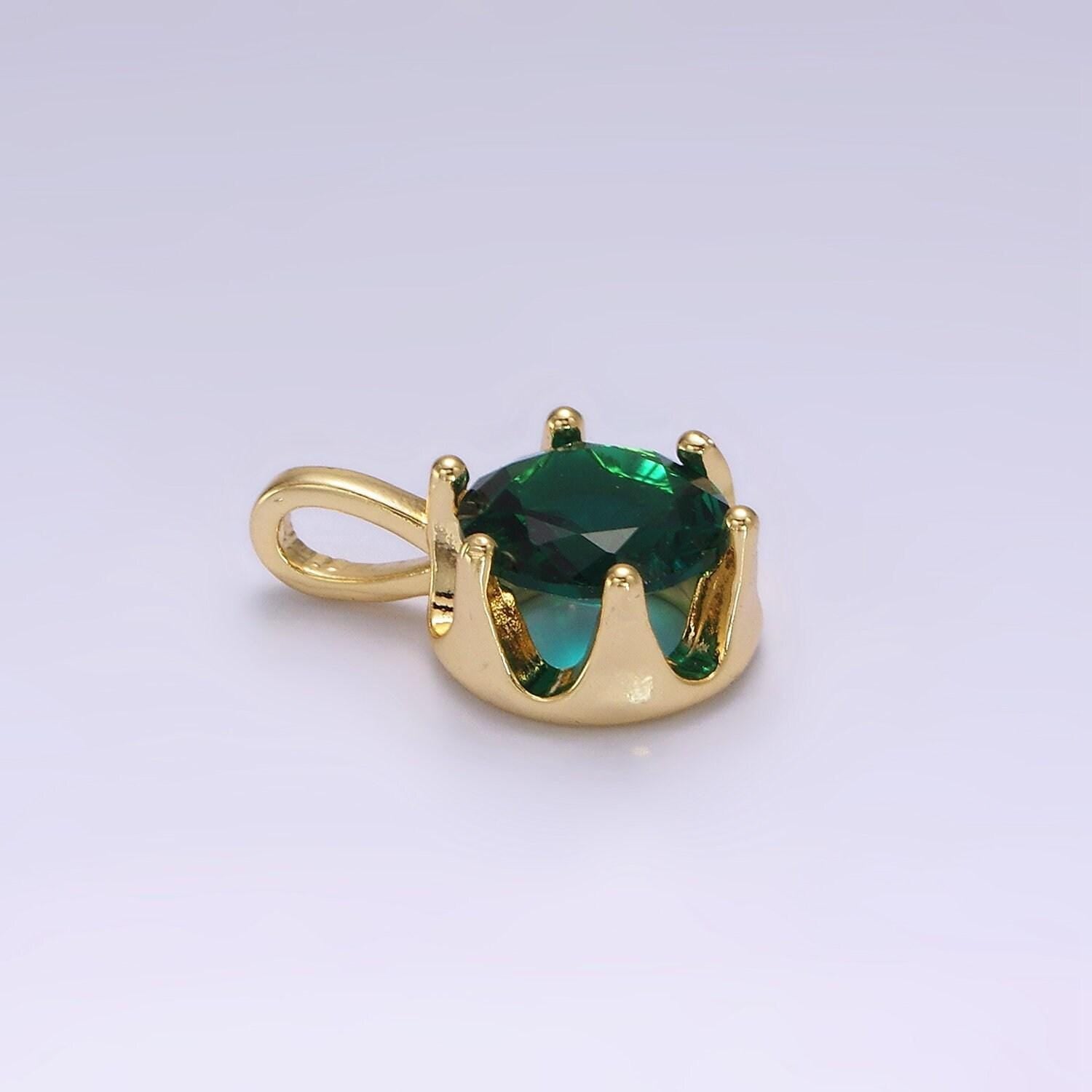 16k gold filled clear, emerald green cz solitaire round charm pendant | n1843 n1844