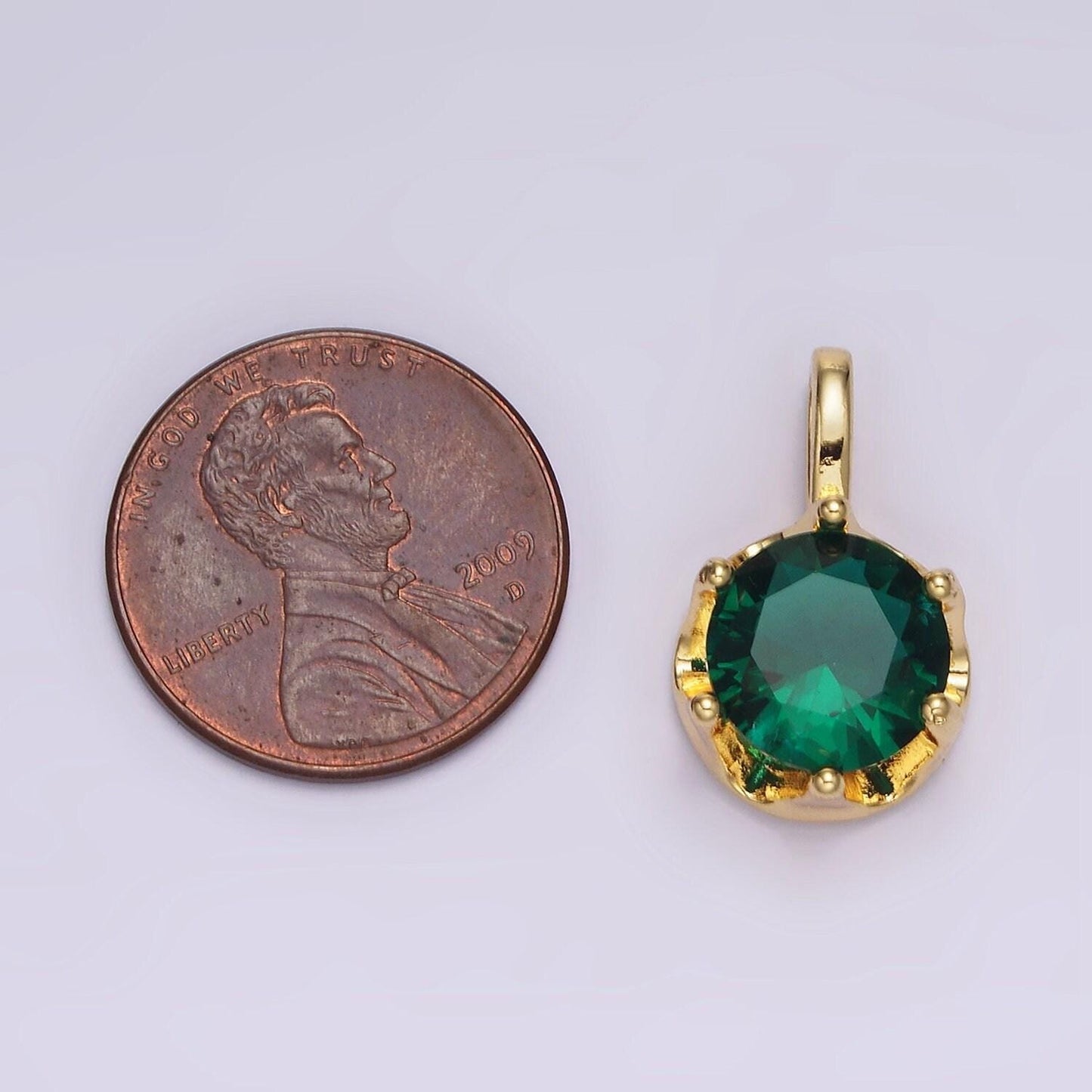 16k gold filled clear, emerald green cz solitaire round charm pendant | n1843 n1844