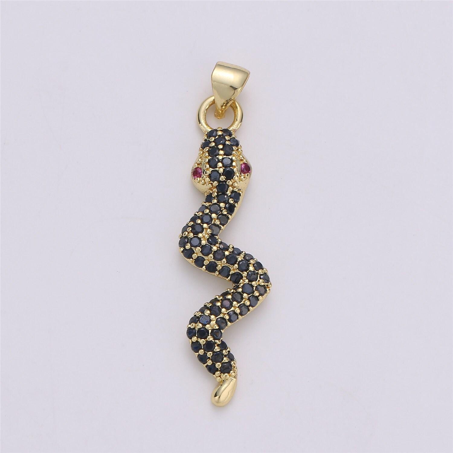 24k gold filled dainty black snake pendant with micro pave pink cubic zirconia cz stone for necklace or bracelet i-573