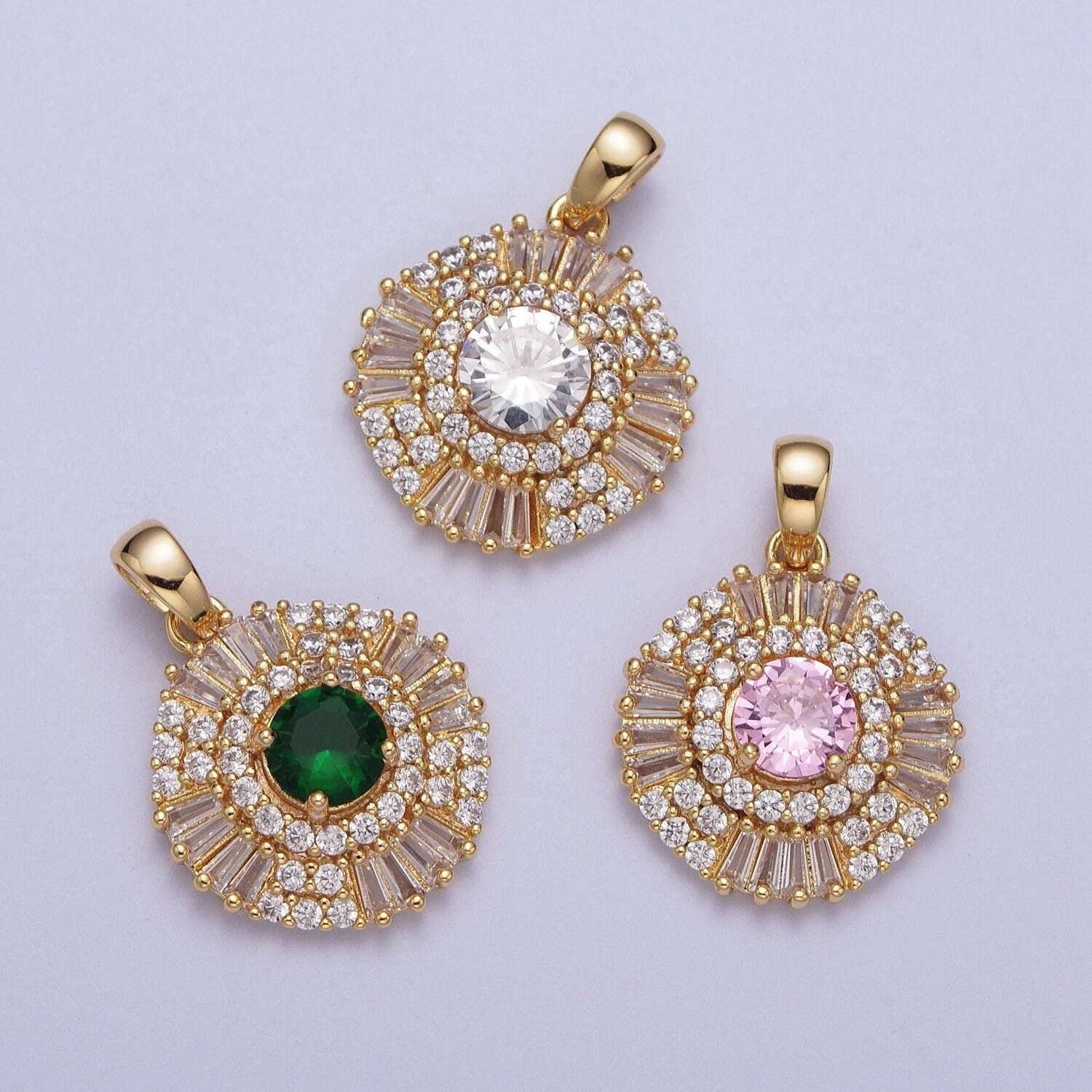 Elegant gold cz crystals circle pendant, 24k gold filled pink/clear/green diamond micro paved clear cz baguette stones round charm | x-693