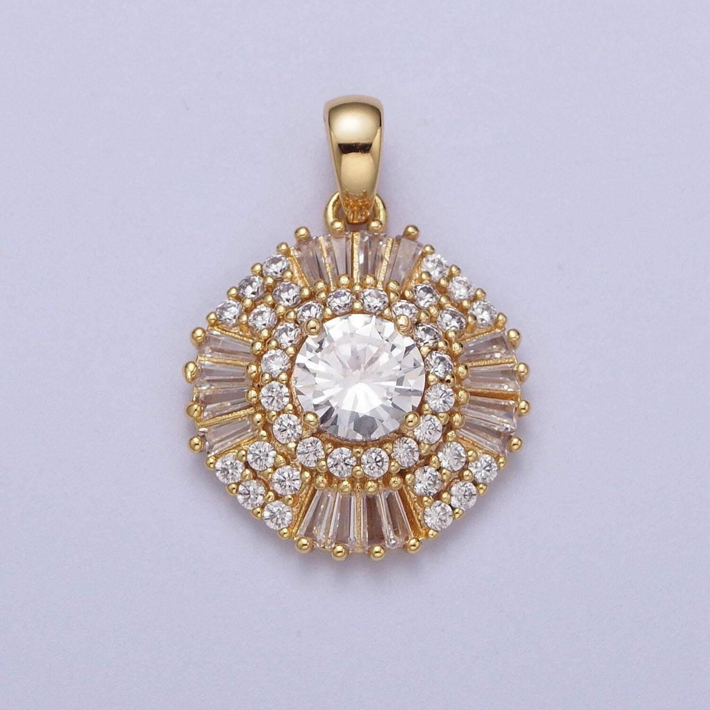 Elegant gold cz crystals circle pendant, 24k gold filled pink/clear/green diamond micro paved clear cz baguette stones round charm | x-693