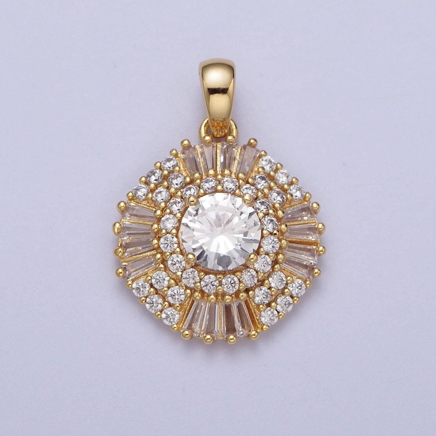 Elegant gold cz crystals circle pendant, 24k gold filled pink/clear/green diamond micro paved clear cz baguette stones round charm | x-693